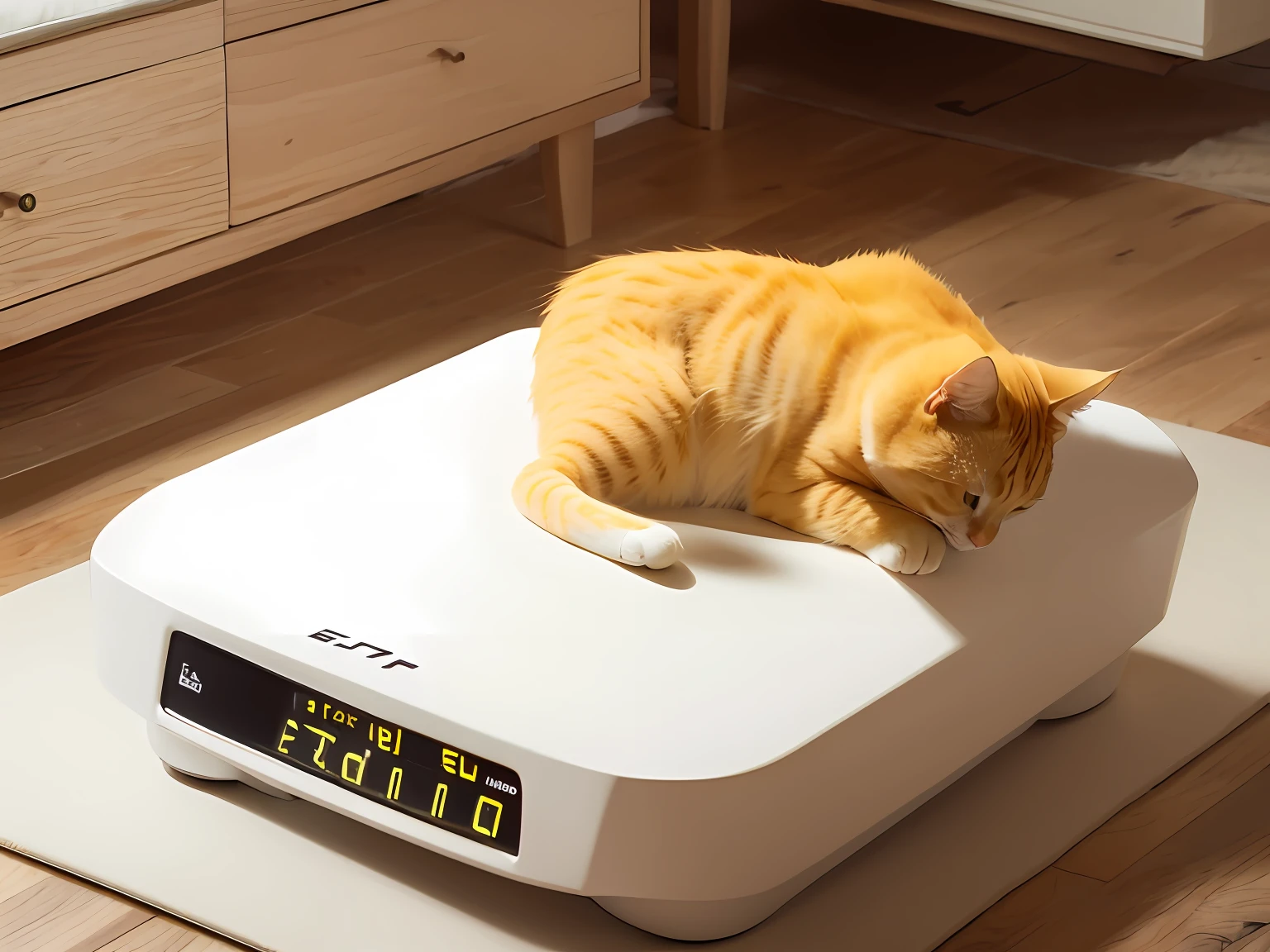 Yellow cat with white chest, at ideal weight, looking like the strai game cat