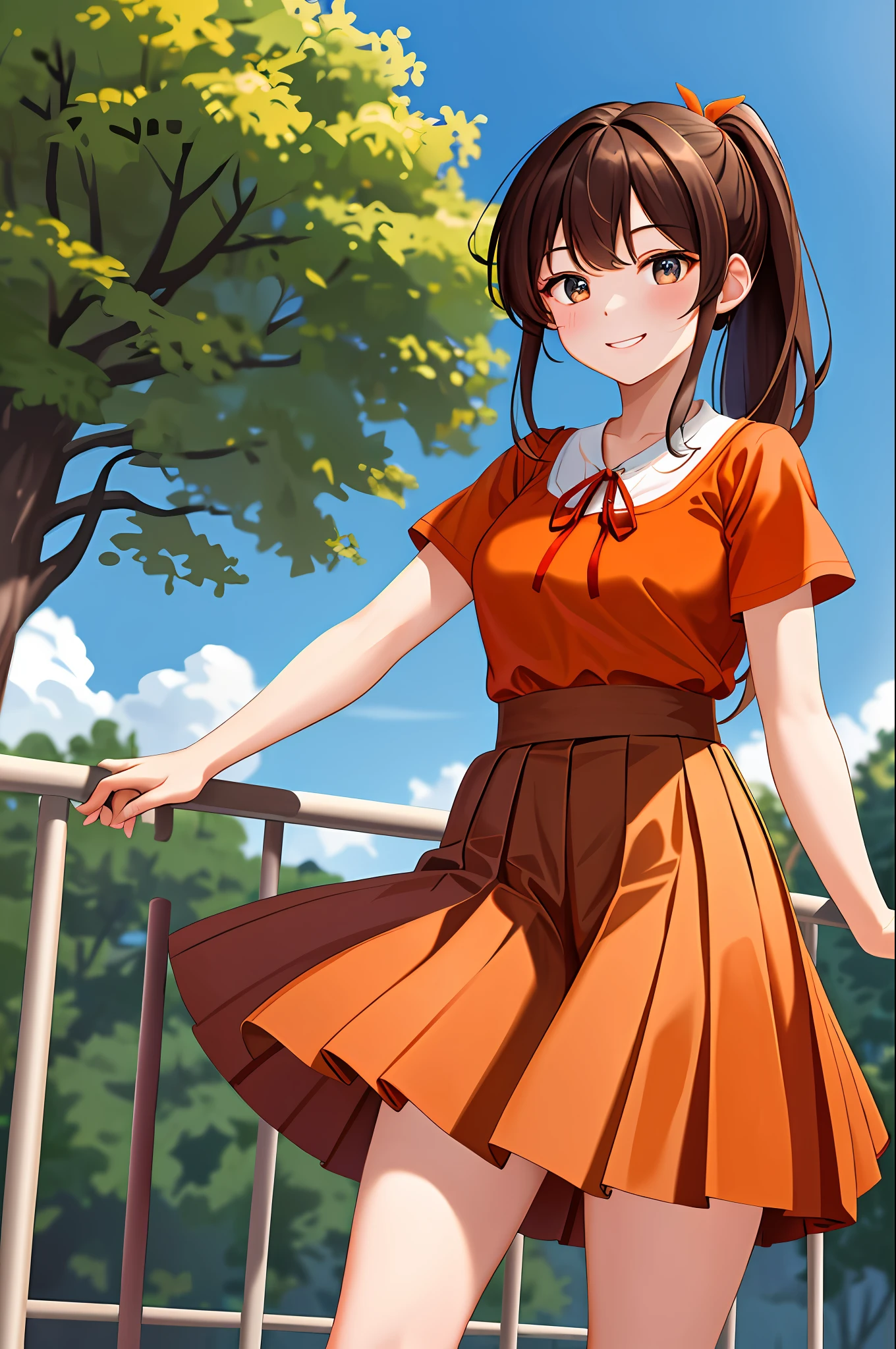 masterpiece, best quality, highres, chi1, 1girl, long hair, ponytail, one side up, solo, brown jean shorts, red ribbon, orange shirt, pleated skirt, bangs, neck ribbon, swollen short sleeves, cowboy shot, outdoor, smile, ladder, tree, construction, brown hair, blue eye