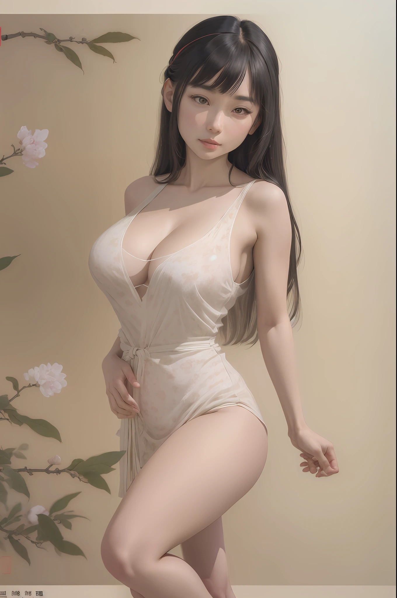 masterpiece, best quality, official art, 8k wallpaper, highly detailed, illustration, 1 girl taking shower in toilet, (solo:1.4), (large breasts, Showing Cleavage:1.2), She puts her hands behind her back and opens her legs in an M shape, black hair, long hair, detailed eyes, bamboo forrest, bare shoulders, lakes, pure, soft smile, gigantic cleavage breasts, Sakura flower, Sakura tree,