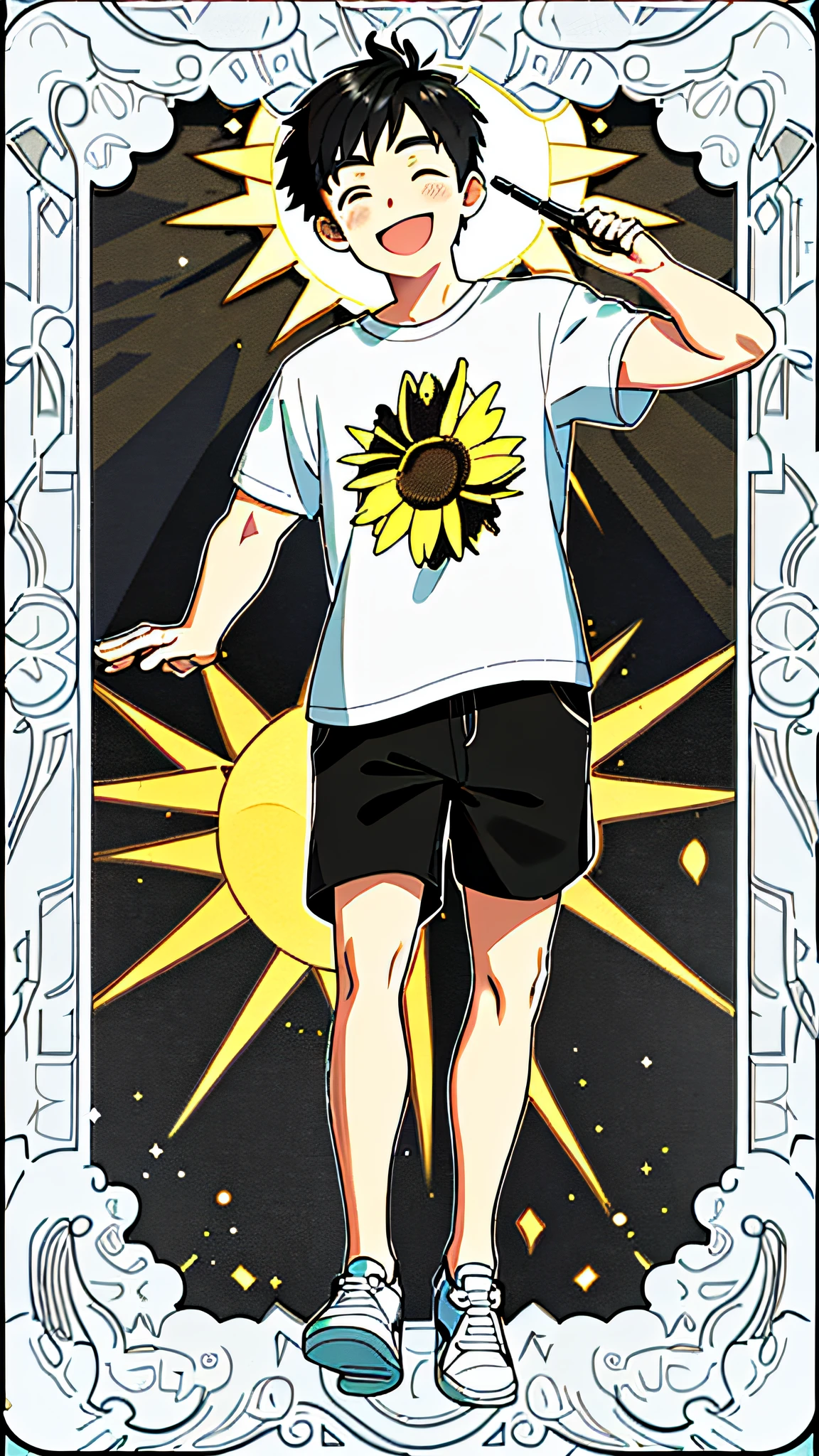 masterpiece, best quality, full body, card, 1 man, the sun, happy, laugh, short hair, black hair, brush cut, white shirt, standing, white, light, music, art, yellow, black, buzz cut, chubby, bara, street style, t-shirt, cute