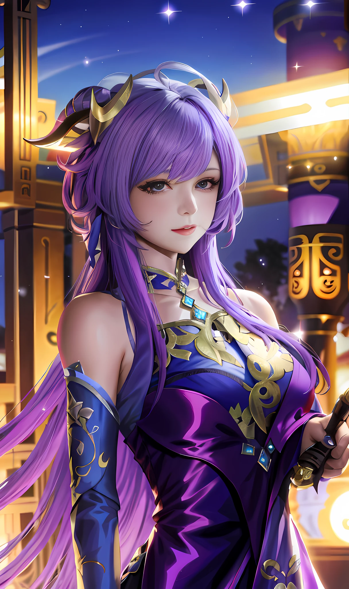 Close-up of a woman with blue hair in a purple dress with a bow, a portrait of a girl from the Knights of the Zodiac, 8K high-quality detailed graphics, 2. 5D CGI anime fantasy artwork, beautiful fantasy empress, smooth anime art CG, detailed digital anime art, art style G Liulian, deviantart art station CGSCOSIETY, fan art best art station