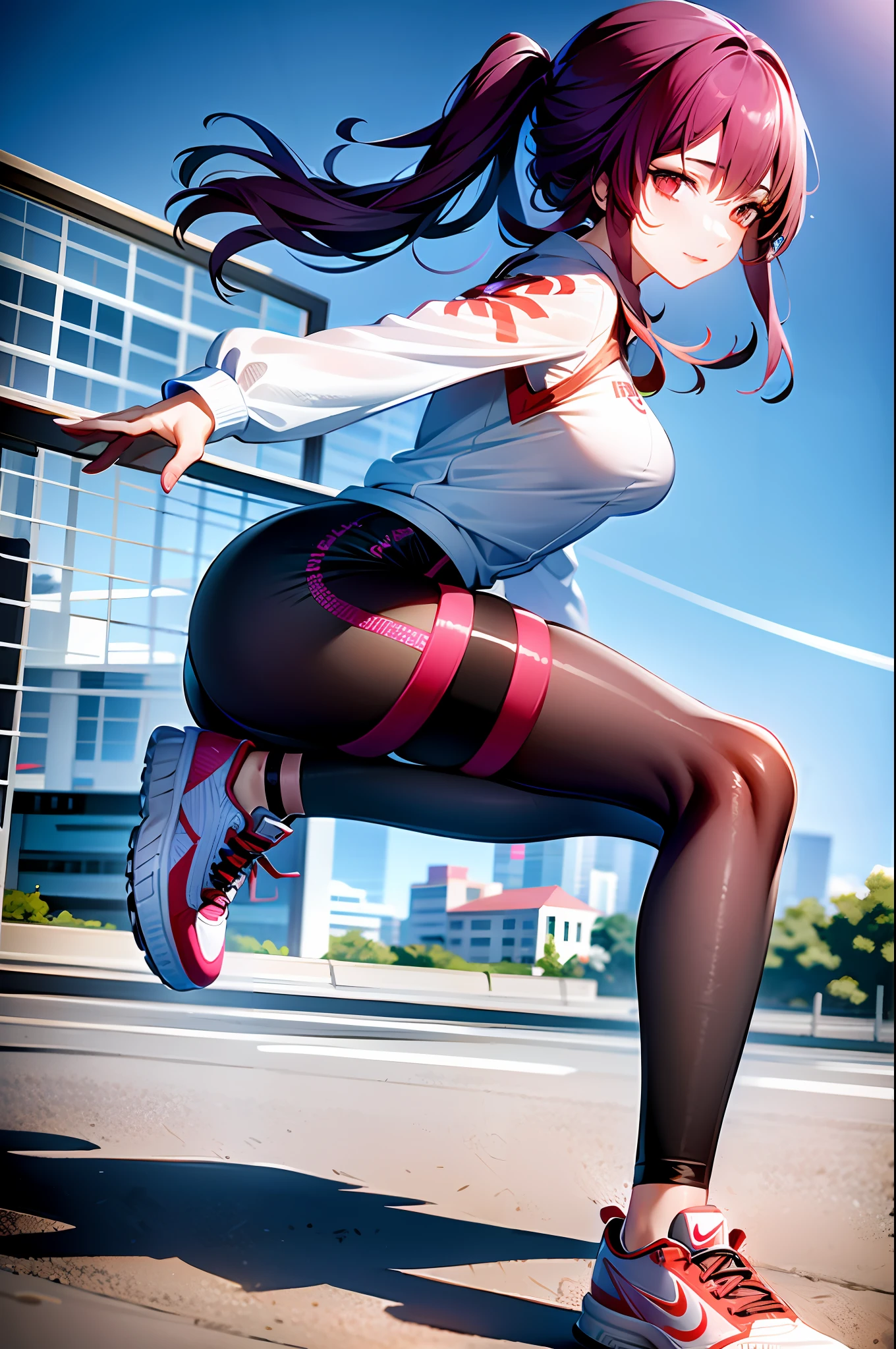 4k, realistic, very detail, 2 girl, there is a girl in the basket ball field, she is a basket ball player, sport theme, soft clothes, long hair, wearing legging, 25 years old, full body, wearing nike shoes