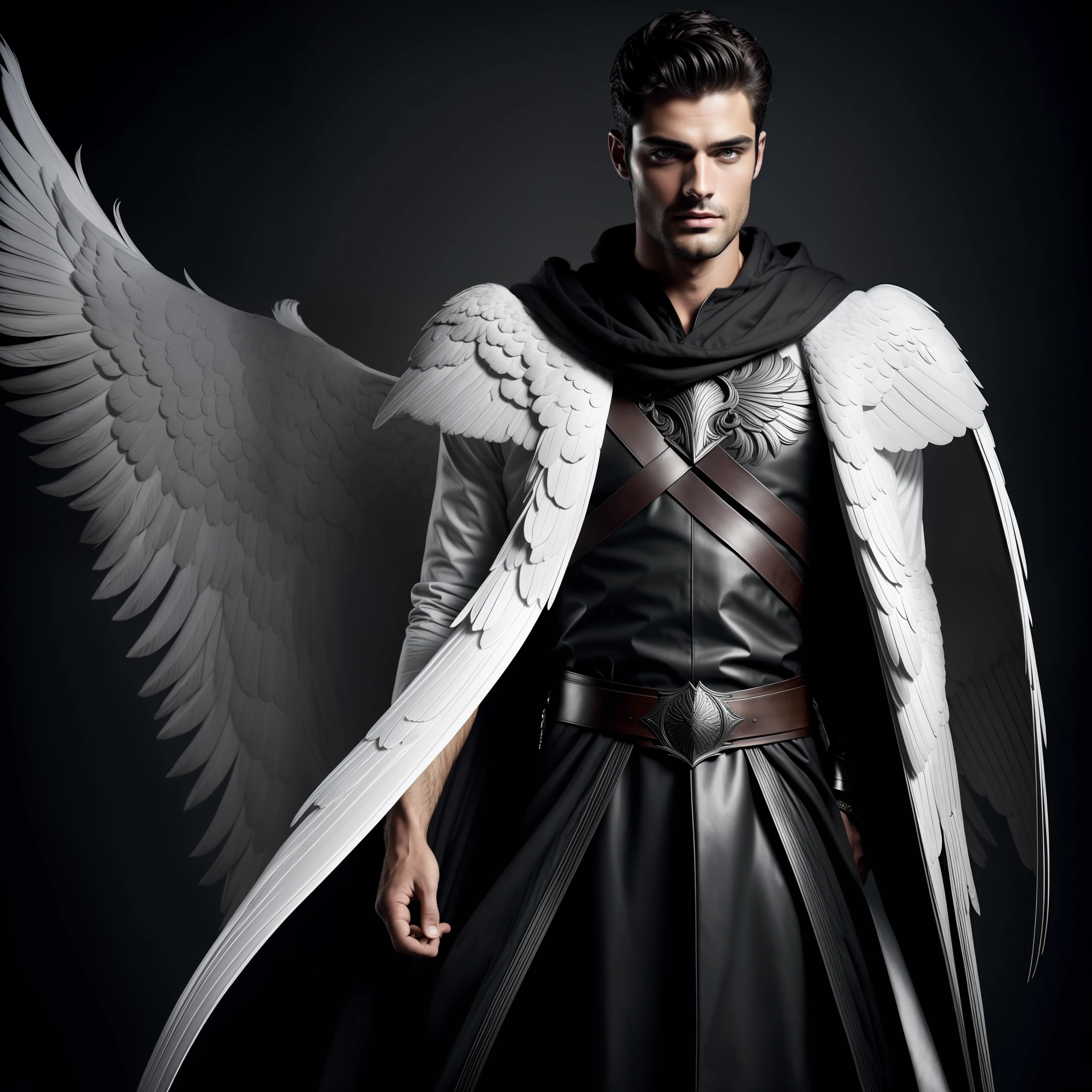 Man with large wings of white feathers on the back, Wearing Tunic and hood, angel of the Mysteries, dark gray background, Magician, large wings, Sean O'Pry, wearing beard, focus on the details of the face, serious and attractive man, wearing white tunic, magical and real effect, movie cover, powerful celestial warrior, similar to model Sean O'Pry, dark black image background,  (8k, RAW photo, best quality, masterpiece: 1.2), (realistic, realistic photo: 1.37), professional lighting.