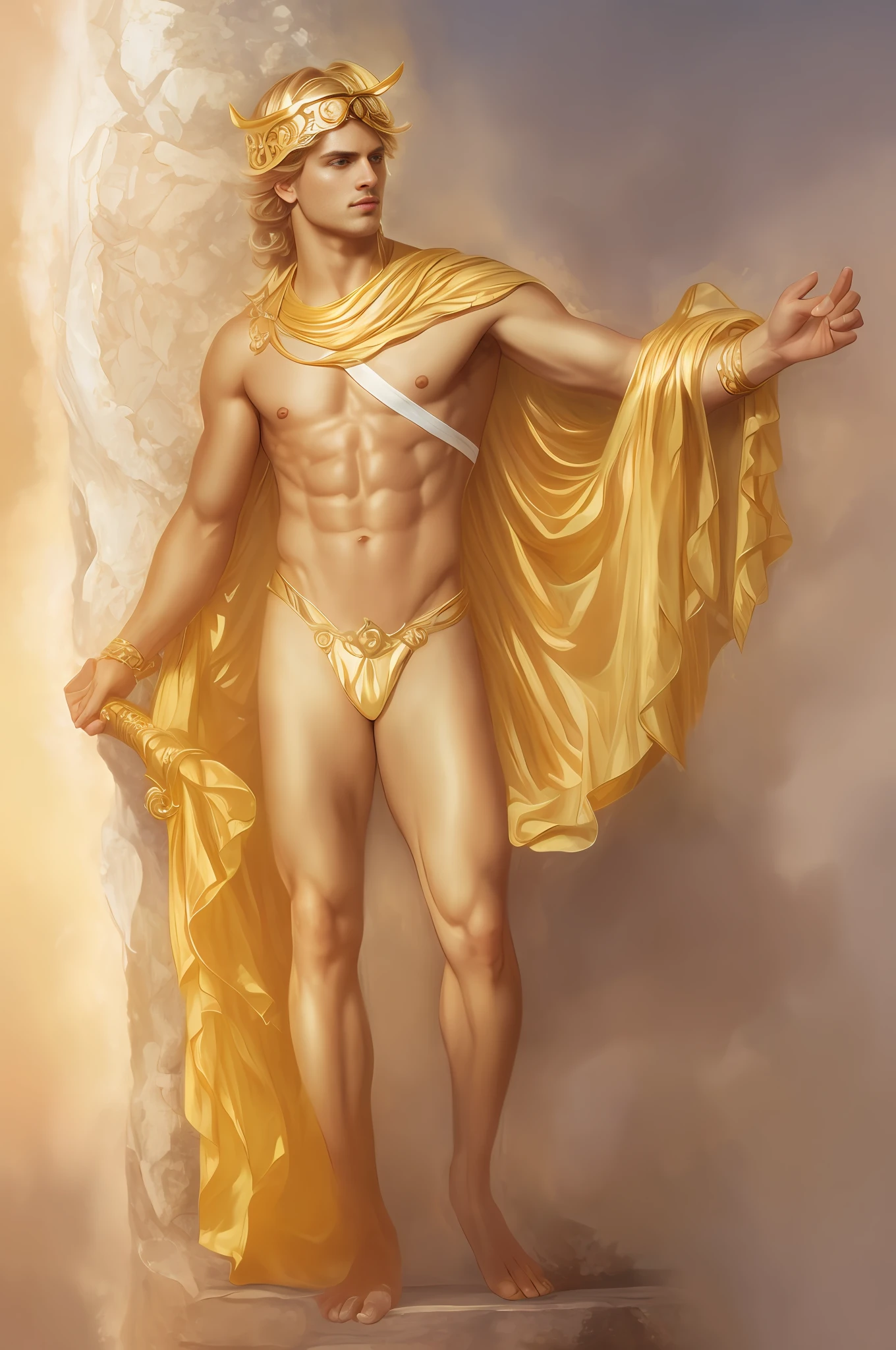 Greek god Apollo, handsome, youthful, Greek, golden hair, radiant sun-like aura surrounding him, adorned in a white chiton with golden accents, holding a lyre, symbol of his musical prowess, standing on a sunlit mountaintop, with the sun shining brightly and a majestic landscape stretching into the distance, intricate, elegant, highly detailed, digital painting, art by artgerm and artstation, masterpiece, one person only, extremely detailed, human skin, alive, detailed background, full body, blonde hair, best quality, clean shaven, young