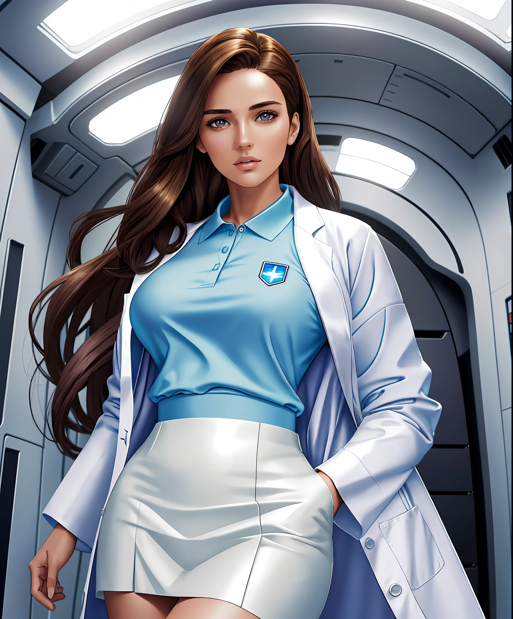 Beautiful 25 year old sexy Woman in a lab coat stands on her spaceship's cabin, futuristic.No helmet.  brown hair,. beautiful detailed eyes, detailed face. Golden ratio. hyperdetailed face, complex, symmetrical face, model, rough, figure in frame, professional make-up, looking afar, faint lips, light particles, full-body, airbrush,  woman in her 20s, (perfect face), defined jawline, (beautiful brown eyes), beautiful lips, (perfect hands), (light blue polo under white lab coat:1.2), (black skirt), looking at viewer, (medium shot photograph), futuristic laboratory background), photorealistic. Not anime.