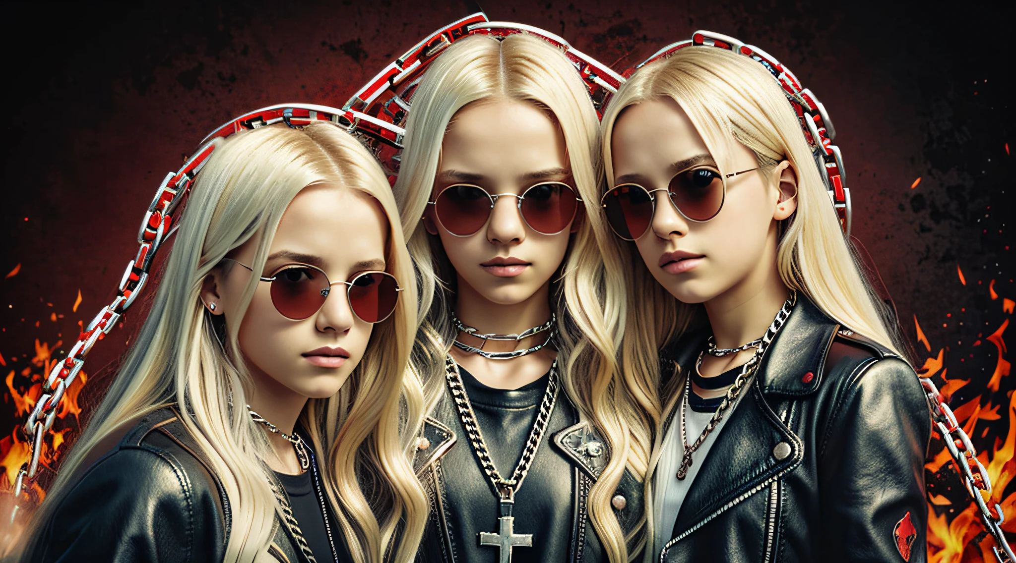 A half body, portrait of 3 girls German children long platinum blonde hair of , red leather jackets, sunglasses, holding in their hands a cross, background of chains, chain, more chains, many chains, , red, red fire, many background flames.