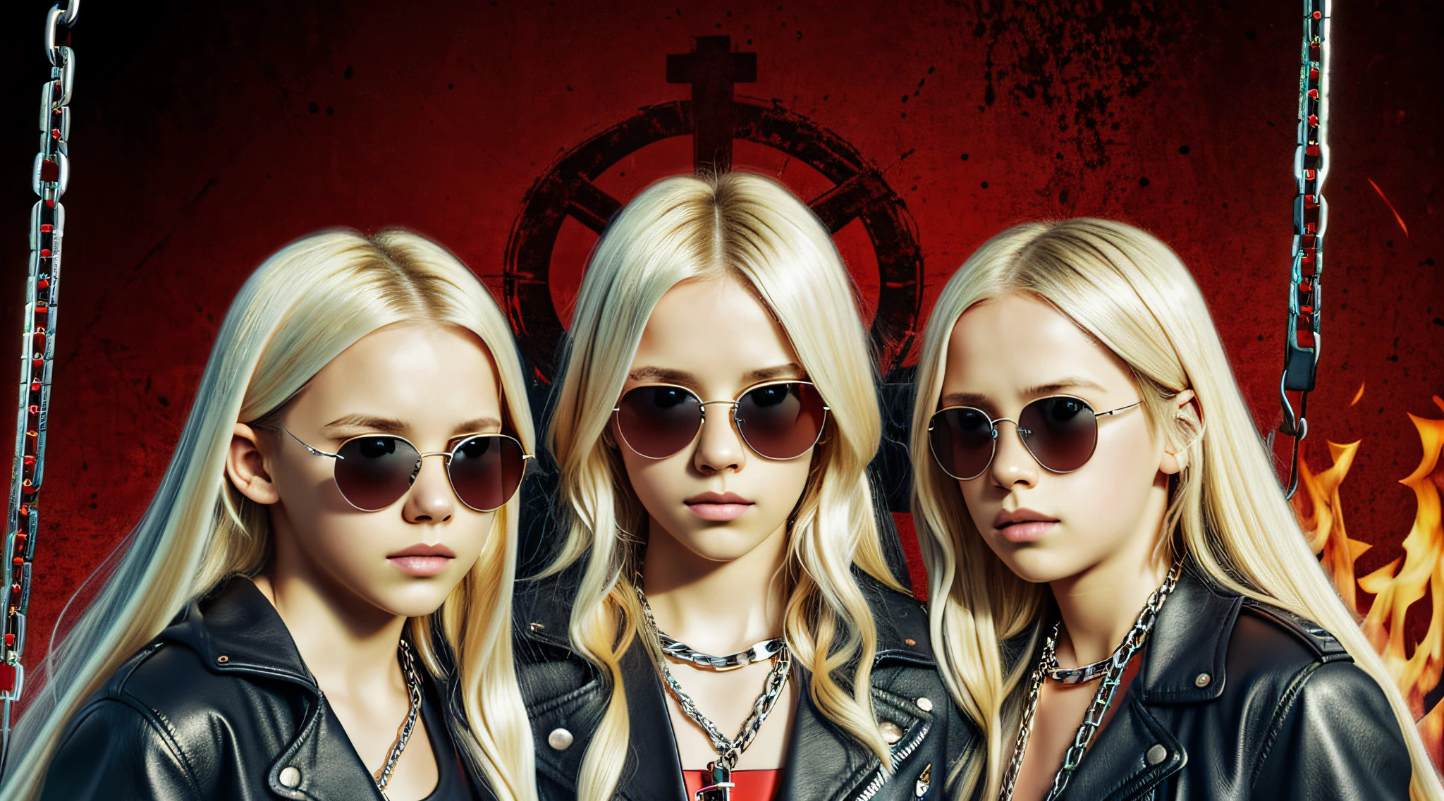 A half body, portrait of 3 girls German children long platinum blonde hair of 12 years, red leather jackets, sunglasses, holding in their hands a cross, background of chains, chain, more chains, many chains, , red, red fire, many background flames.