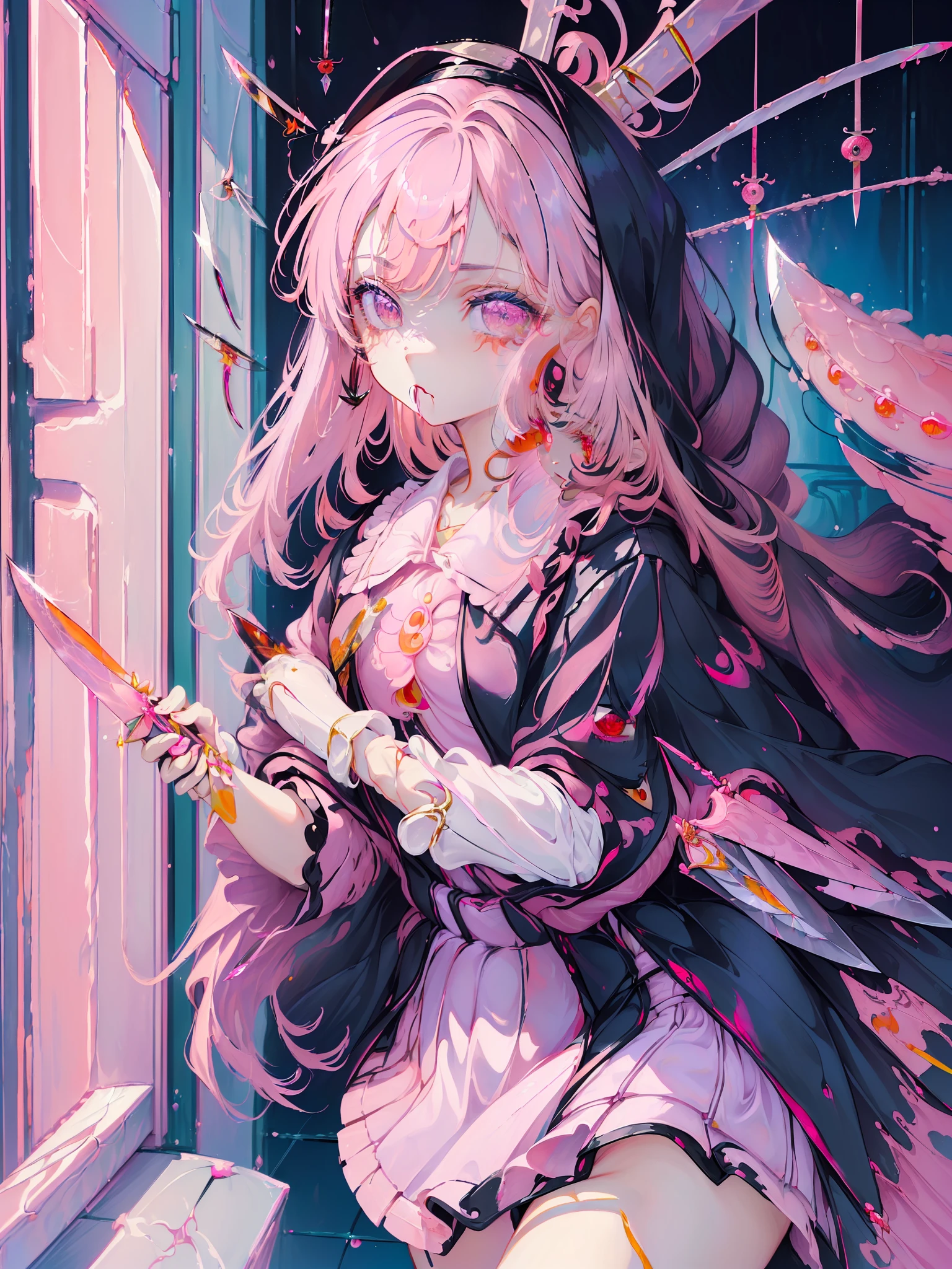 (aesthetic),(jirai kei:1.6),1girl, cute woman, (holding|wielding|brandishing) a ((pink knife:1.6)). , comfy purple room background, ultra detailed, cinematic lighting, wow, sparkles, kawaii, menhera,