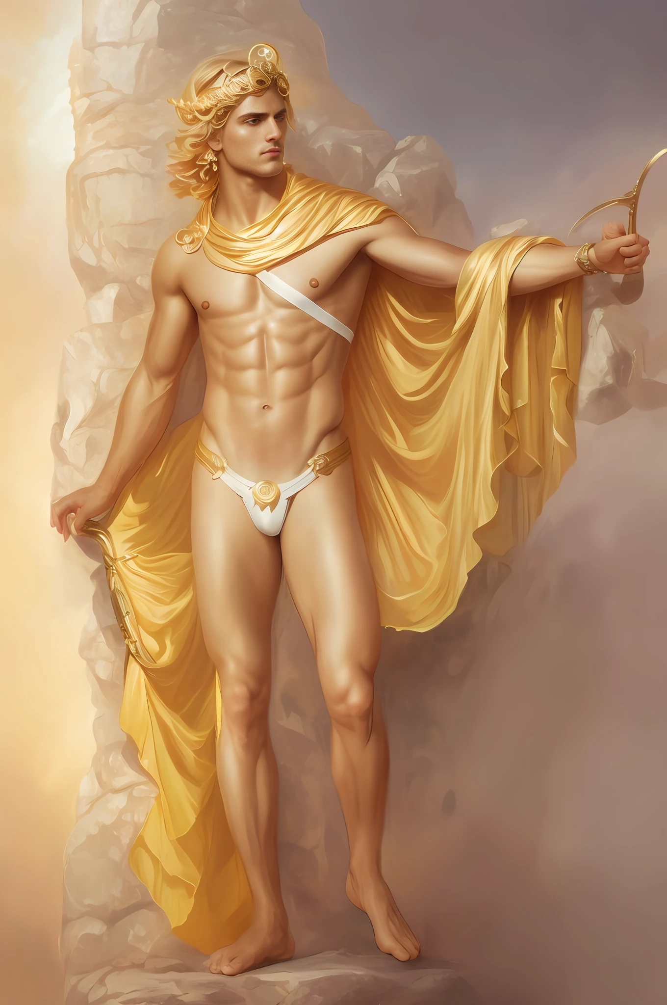 Greek god Apollo, handsome, youthful, Greek, golden hair, radiant sun-like aura surrounding him, adorned in a white chiton with golden accents, holding a lyre, symbol of his musical prowess, standing on a sunlit mountaintop, with the sun shining brightly and a majestic landscape stretching into the distance, intricate, elegant, highly detailed, digital painting, art by artgerm and artstation, masterpiece, one person only, extremely detailed, human skin, alive, detailed background, full body, blonde hair, best quality, clean shaven, young