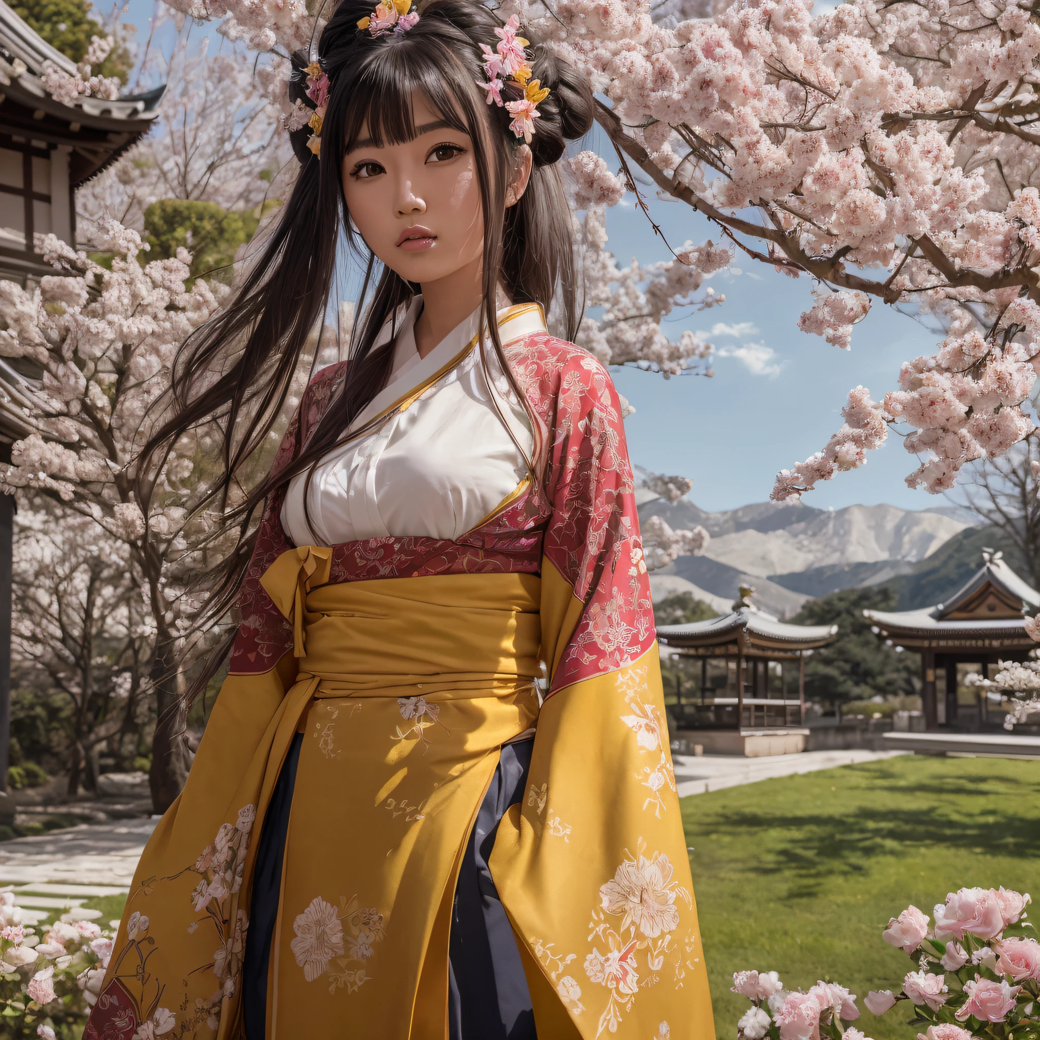 Girl etrato (26 years old) samurai, imposing, concentrated, fighting pose, incredibly beautiful, full body, delicate and attractive beautiful face with seductive yellow eyes, sharp eyeliner, seductive smile, windswept brown hair, hairstyles, lips parted, royal kimono detailed with flowers Red and blue, (full body: 1.05), (temple background with cherry tree: 1.15), blurred background, temple, cherry trees (standing in front of the temple:  1.2), picturesque, hair stuck and long, ((blush)), overexposure, contemporative look, ward off the obsrvador.