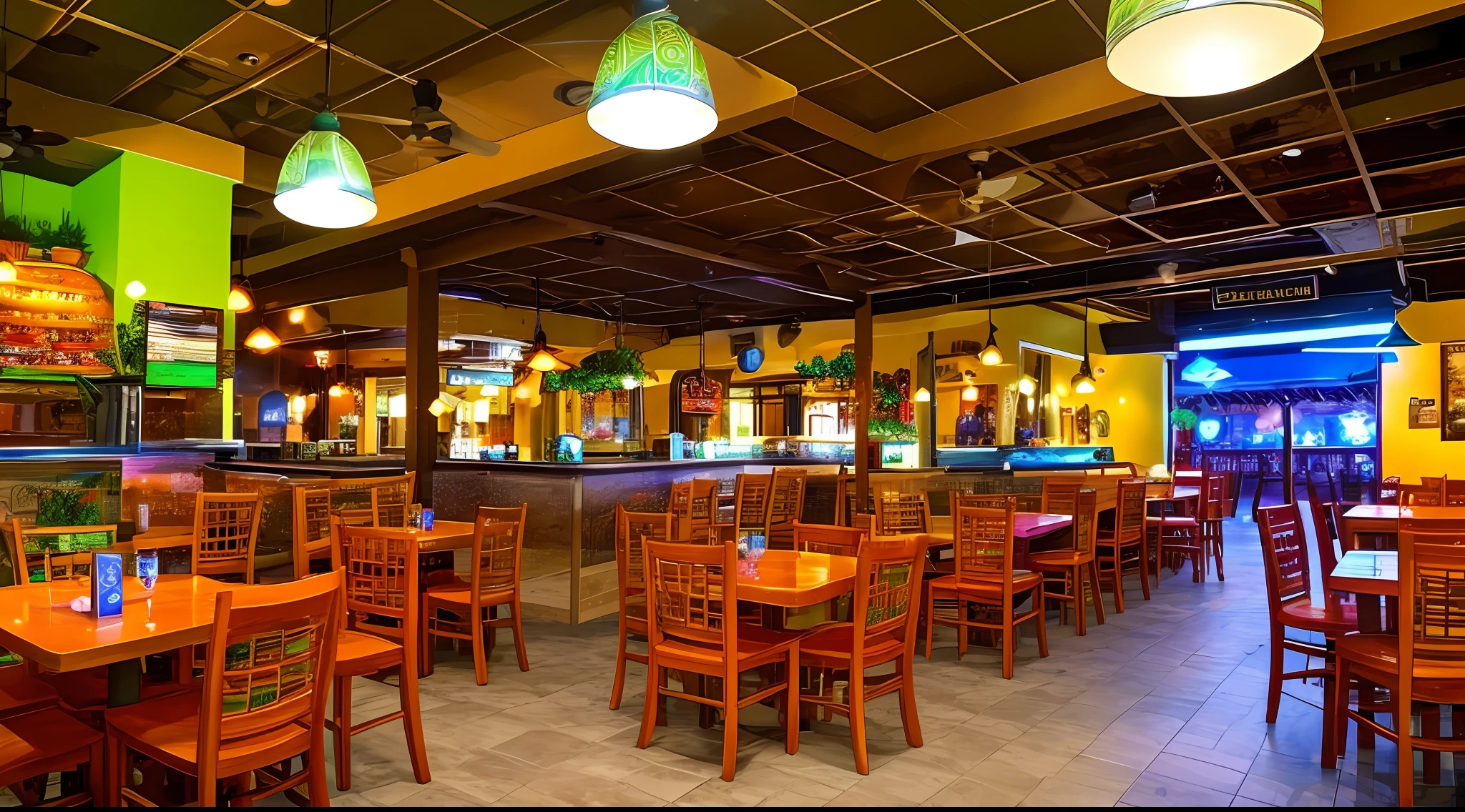 An image of the front of a themed restaurant specializing in Caribbean cuisine, with a focus on traditional dishes from Hispanic Caribbean countries. The image should be well-lit, with detailed and good lighting. There should be no people in the photo. This image will be used as the background for a video presentation on Caribbean cuisine.