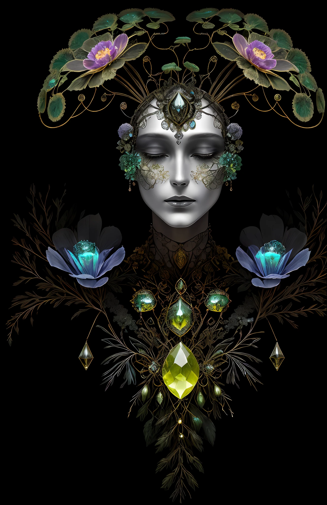 "Rosen maiden, (masterpiece, best quality), (illustration), strange fungal disease dense forest, transparent sticky substance, caustics, crystals, close-up, intricate details, dark background, sparkling spores, rainbow crystals, darkness", made of metal, cyborg: 1.1, [detailed wire]: 1.3, (complex details), HDR, (complex details, hyperdetailed: 1.2),