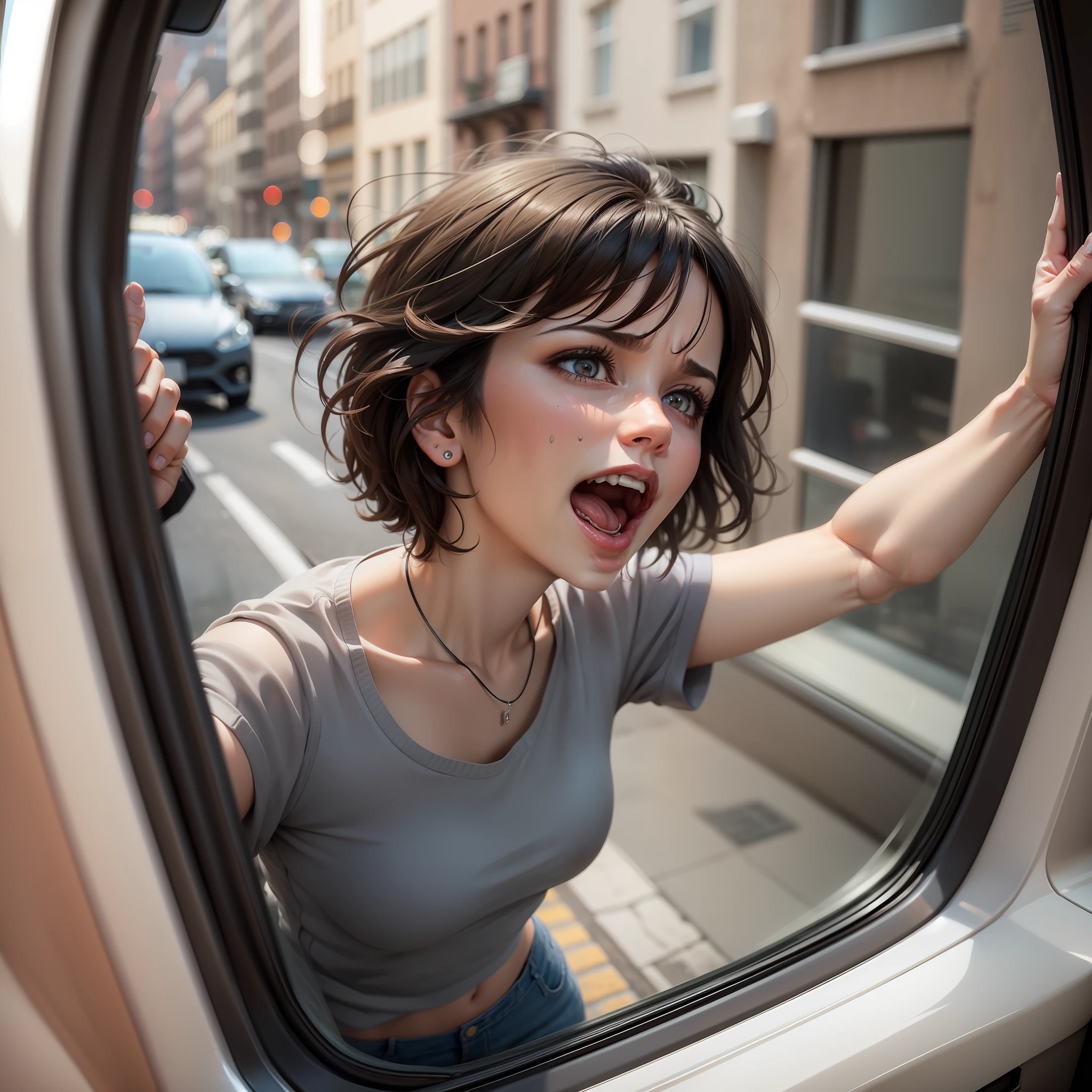 Ultra realistic image of a brunette woman, short hair, banging on the window of a car outside the car, screaming hysterical, view from inside the car
