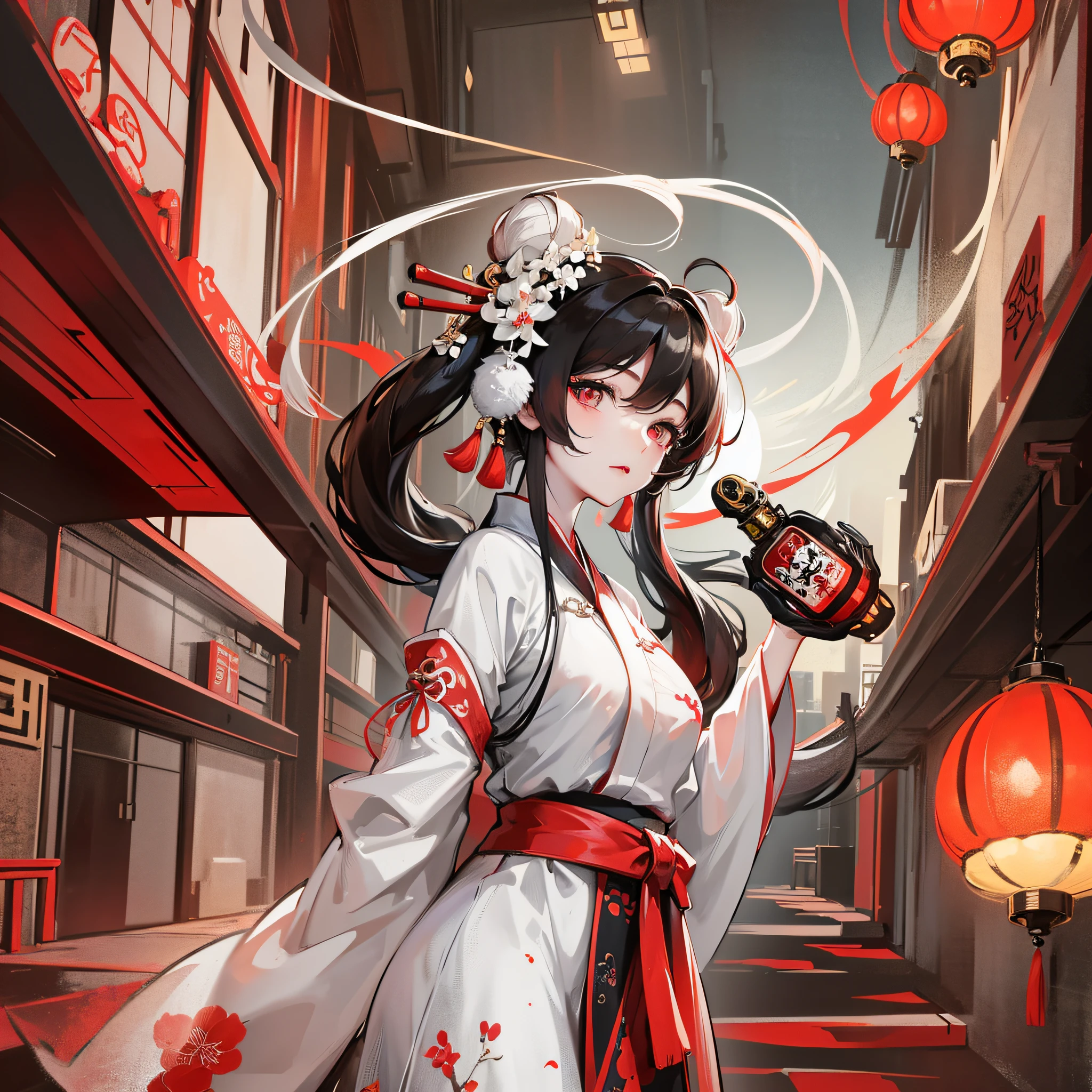 Chinese painting style, stereoscopic light, ultra-wide angle, strong contrast, 32k lantern, Hanfu, red and white tones, contrast --auto --s2