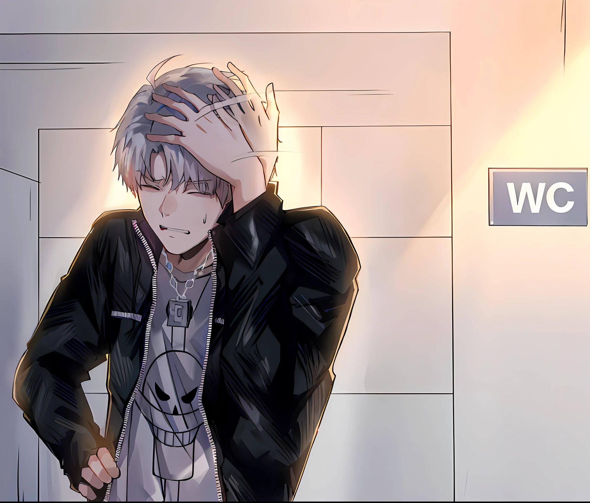 anime boy in black jacket standing in front of a wall, ken kaneki, 2 d anime style, at pixiv, kaneki ken, he has dark grey hairs, pixiv contest winner, kaworu nagisa, trending on pixiv, in an anime style, a silver haired mad, top rated on pixiv, pixiv trending, pixiv