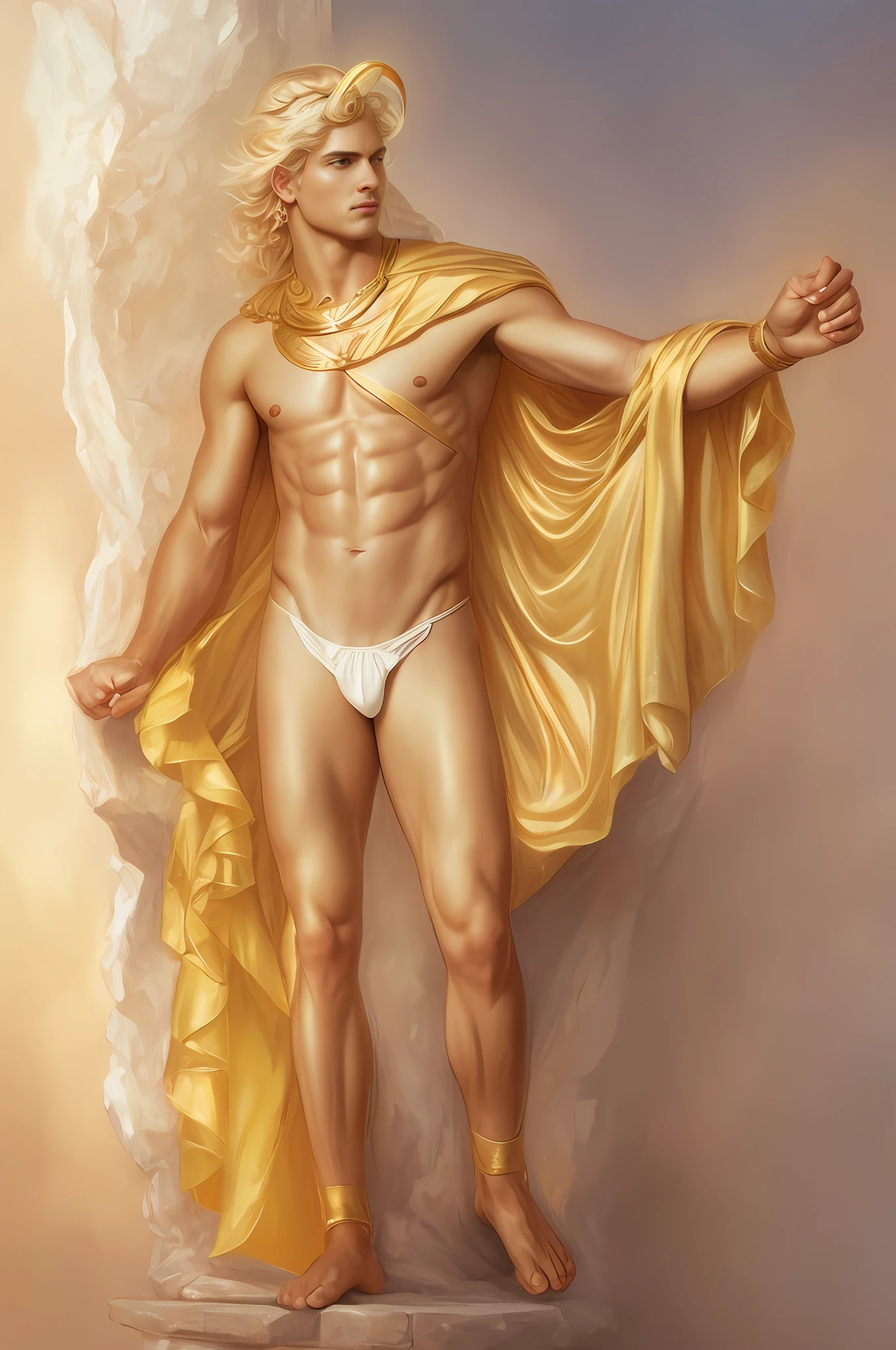 Greek god Apollo, handsome, youthful, Greek, golden hair, radiant sun-like aura surrounding him, adorned in a white chiton with golden accents, holding a lyre, symbol of his musical prowess, standing on a sunlit mountaintop, with the sun shining brightly and a majestic landscape stretching into the distance, intricate, elegant, highly detailed, digital painting, art by artgerm and artstation, masterpiece, one person only, extremely detailed, human skin, alive, detailed background, full body, blonde hair, best quality, clean shaven, young