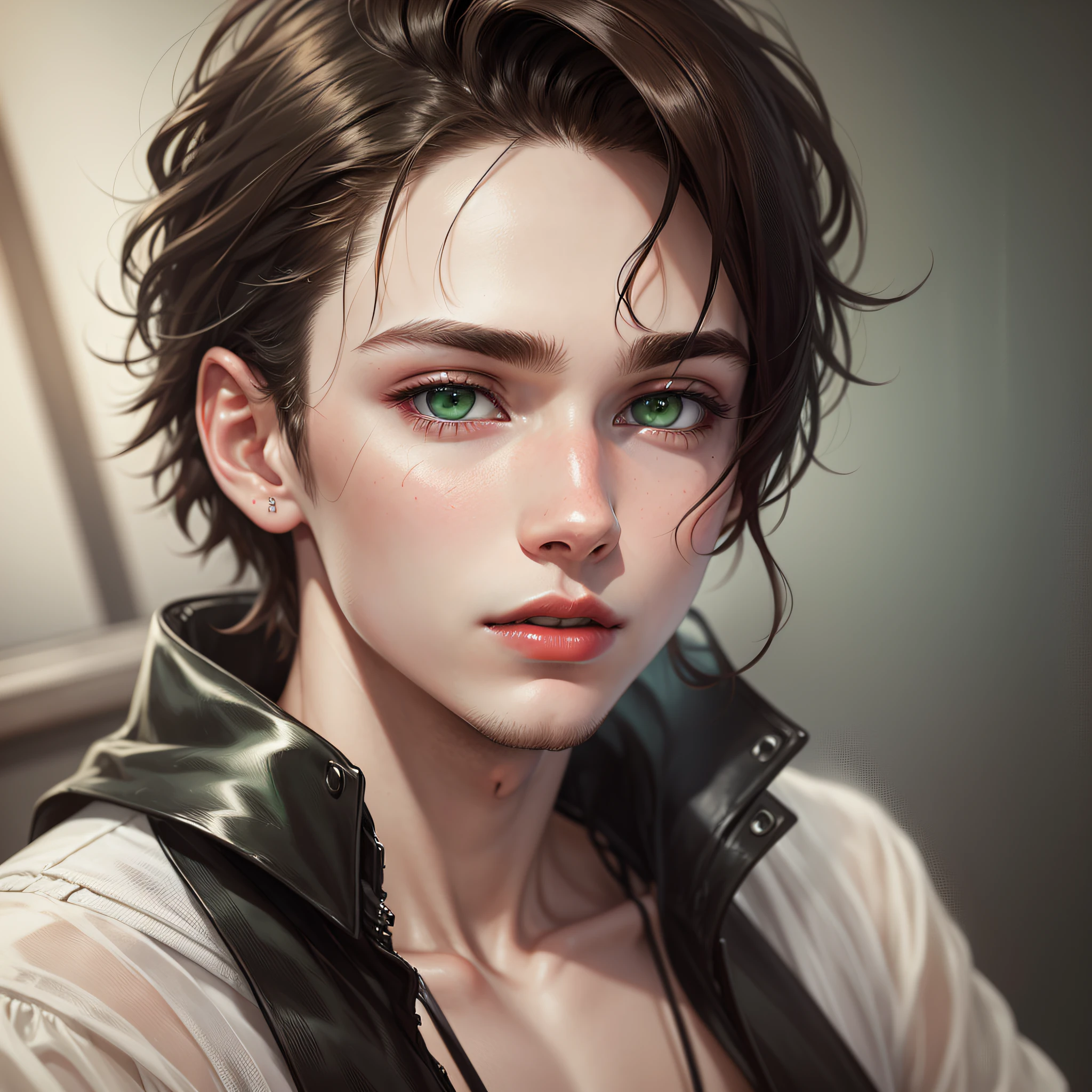 male, boy, male 18-22 year old, white skin, green eyes, face with delicate features, red lips, dark hair, close up, sensual, beautiful, very beautiful, photorealism, high quality --auto --s2