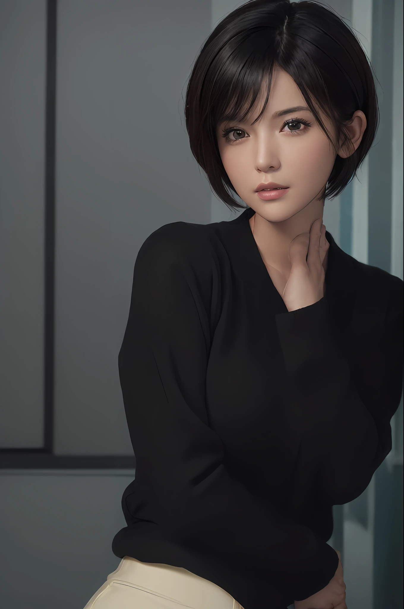 (masterpiece:1.3), (8k, photorealistic, RAW photo, best quality: 1.4), (1girl), beautiful face, (realistic face), (black hair, short hair:1.3), beautiful hairstyle, realistic eyes, beautiful detailed eyes, (realistic skin), beautiful skin, (sweater), absurdres, attractive, ultra high res, ultra realistic, highly detailed, golden ratio