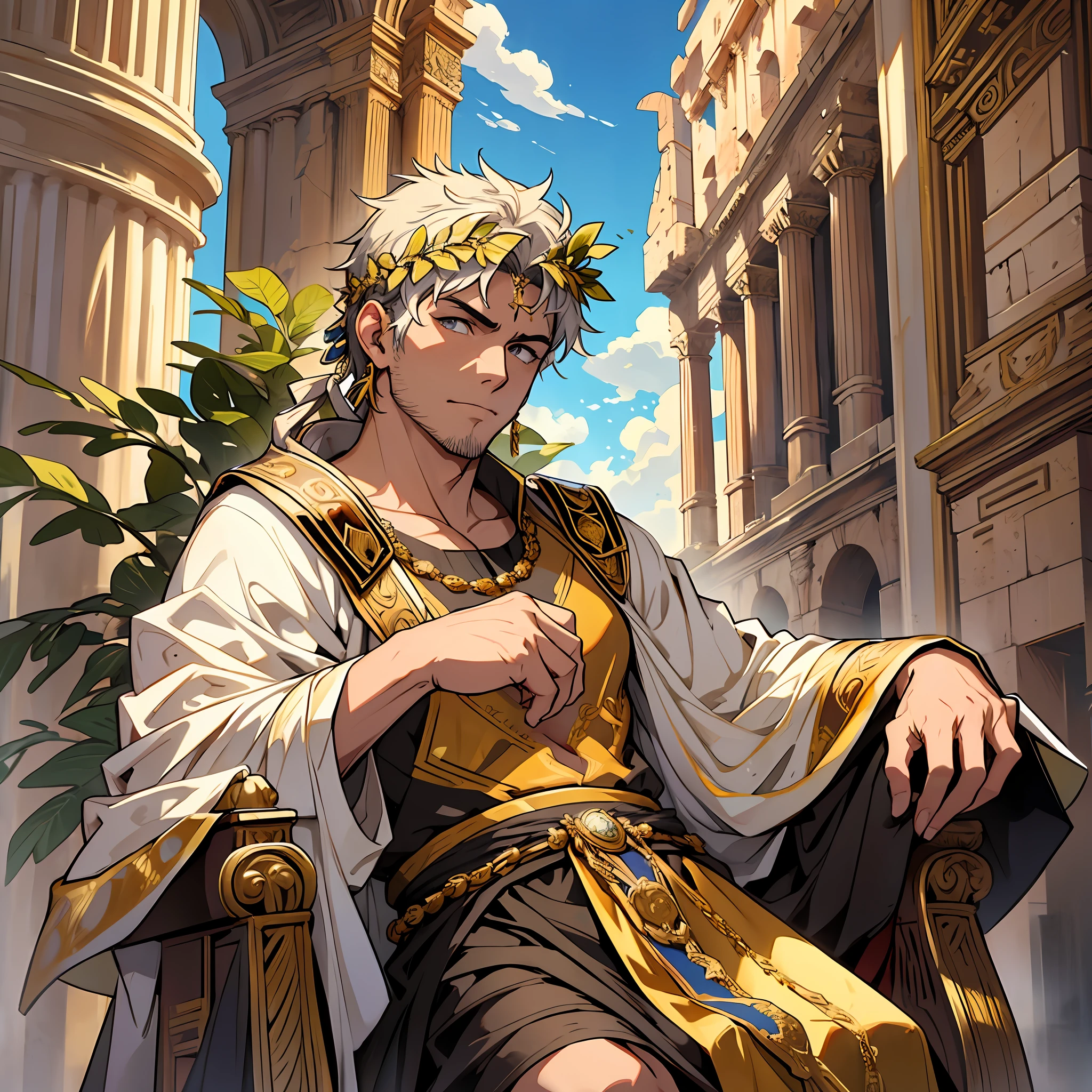 Describe an image of a Roman emperor at the height of his power, sitting on his throne adorned with gold and precious stones. He's wearing a royal toga and a laurel wreath. In the background, it is possible to see the Colosseum and other architectural wonders of Rome. --auto --s2