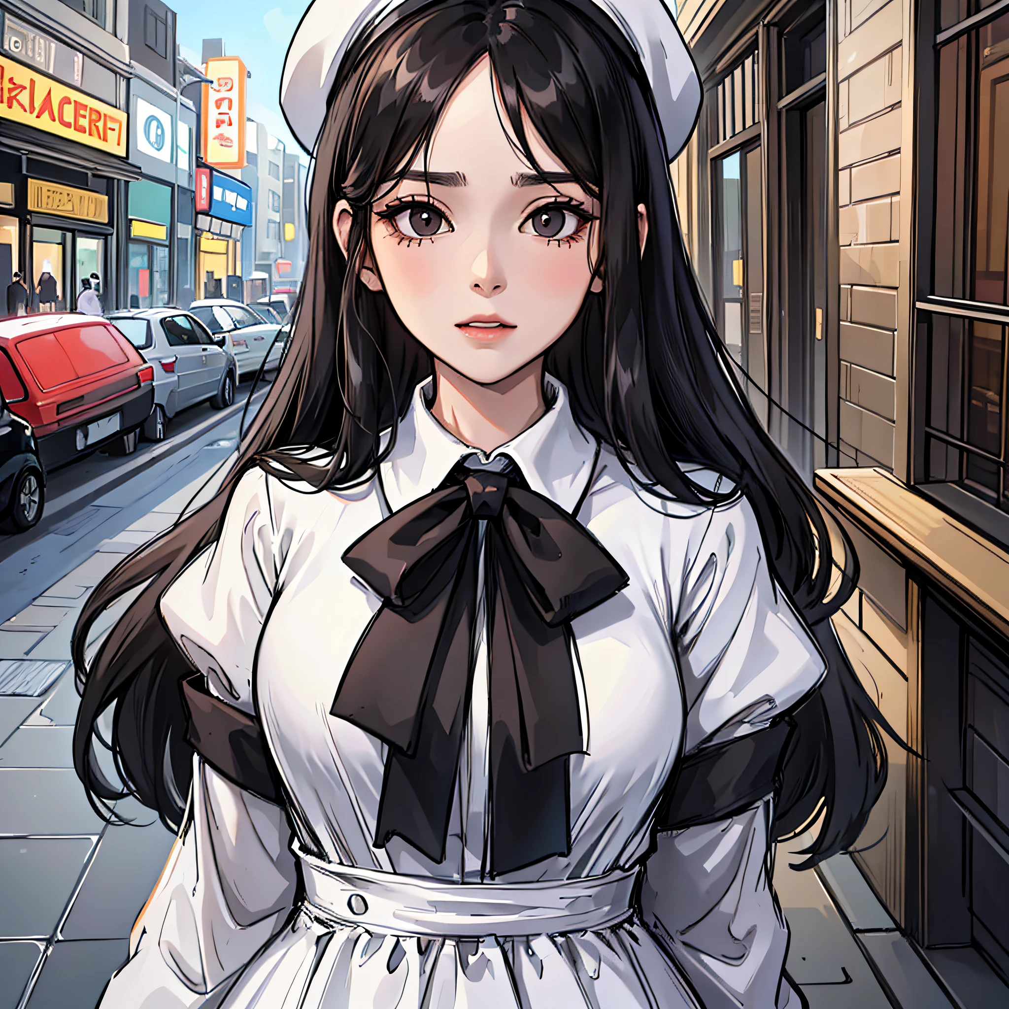 A woman in a white dress (long black hair, pretty,) stood in the street, stunned and overwhelmed