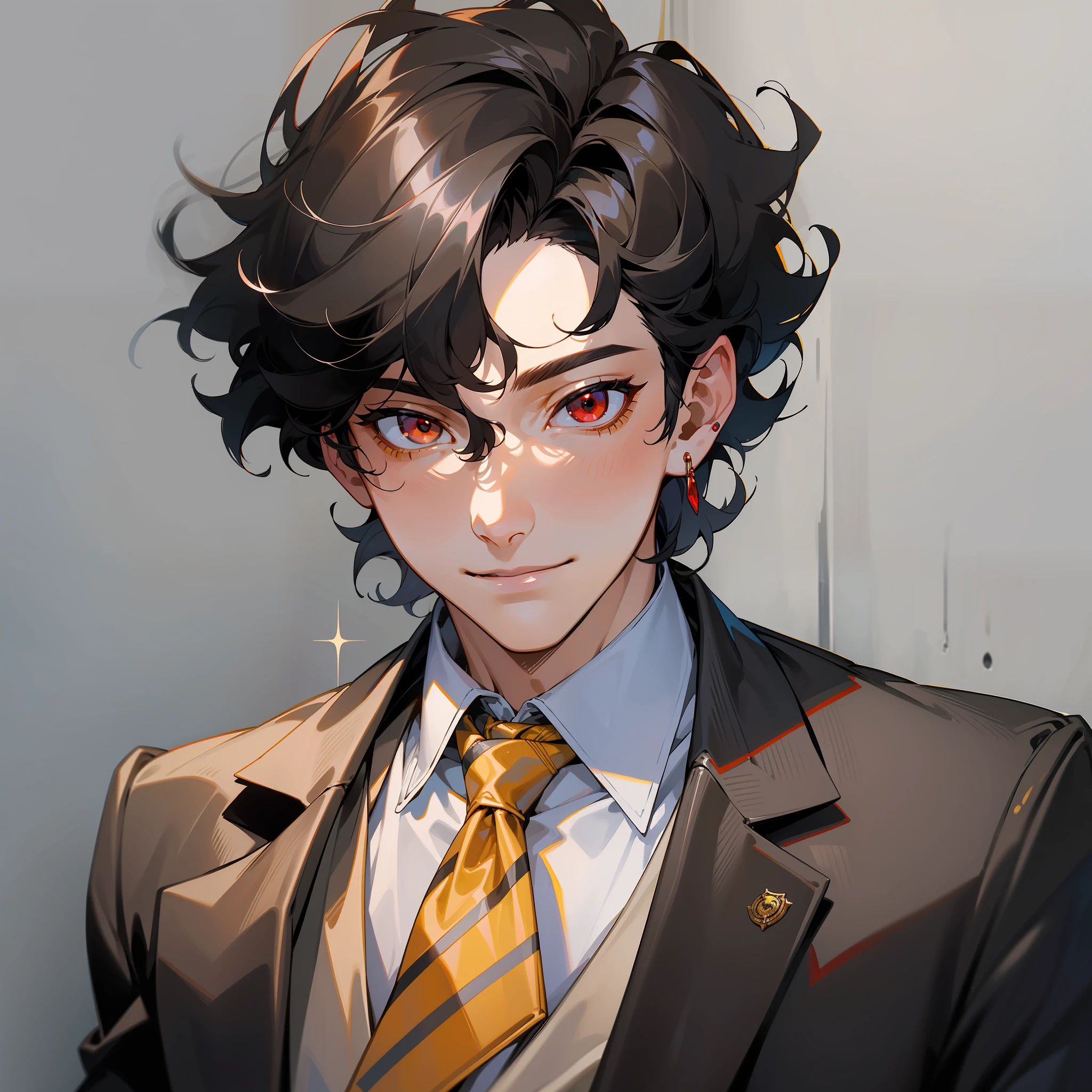 1 boy solo, close-up, determined eyes, business suit, white shirt, tie, pants, short black hair, gray strands, curls, smile, red eyes, formal wear, (light facial features, detailed skin texture, beautiful face), white background, earrings, yellow leather, standing, masterpiece, top quality, best quality