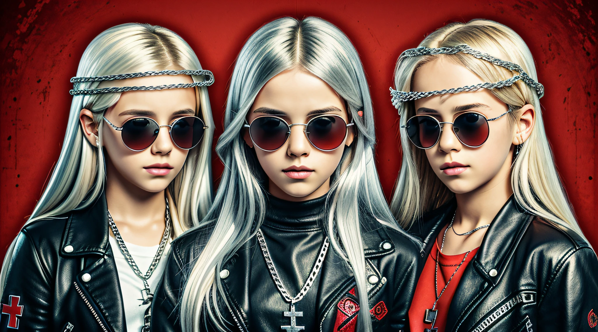 A half body, portrait of 3 girls German children long platinum blonde hair of 12 years, red leather jackets, sunglasses, background chains, chain, more chains, many chains, , red, red fire, many background flames. BACKGROUND WITH SILVER CROSS.