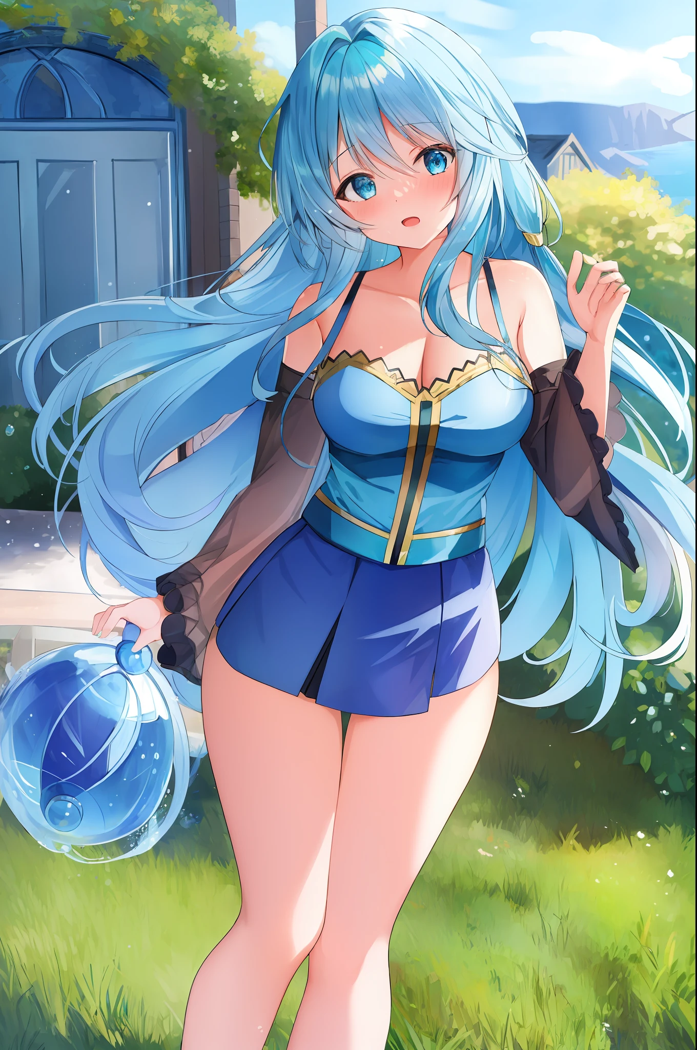 (masterpiece:1.5), best quality, beautiful and detailed anime face, perfect anatomy, dynamic pose, aqua konosuba, 1girl, solo, long blue hair, blush, open mouth, blue eyes, hoge, monster duel, scenery.