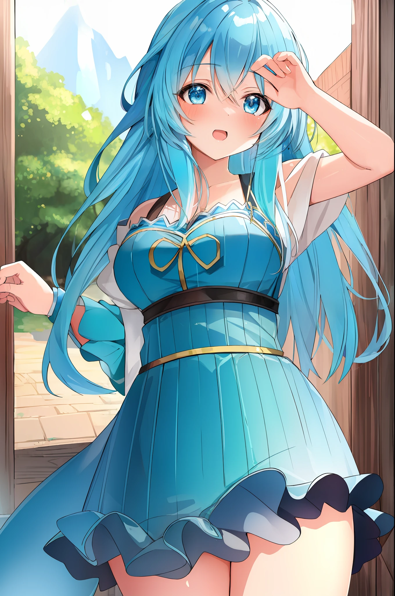 (masterpiece:1.5), best quality, beautiful and detailed anime face, perfect anatomy, dynamic pose, aqua konosuba, 1girl, solo, long blue hair, blush, open mouth, blue eyes, hoge, monster duel, scenery.