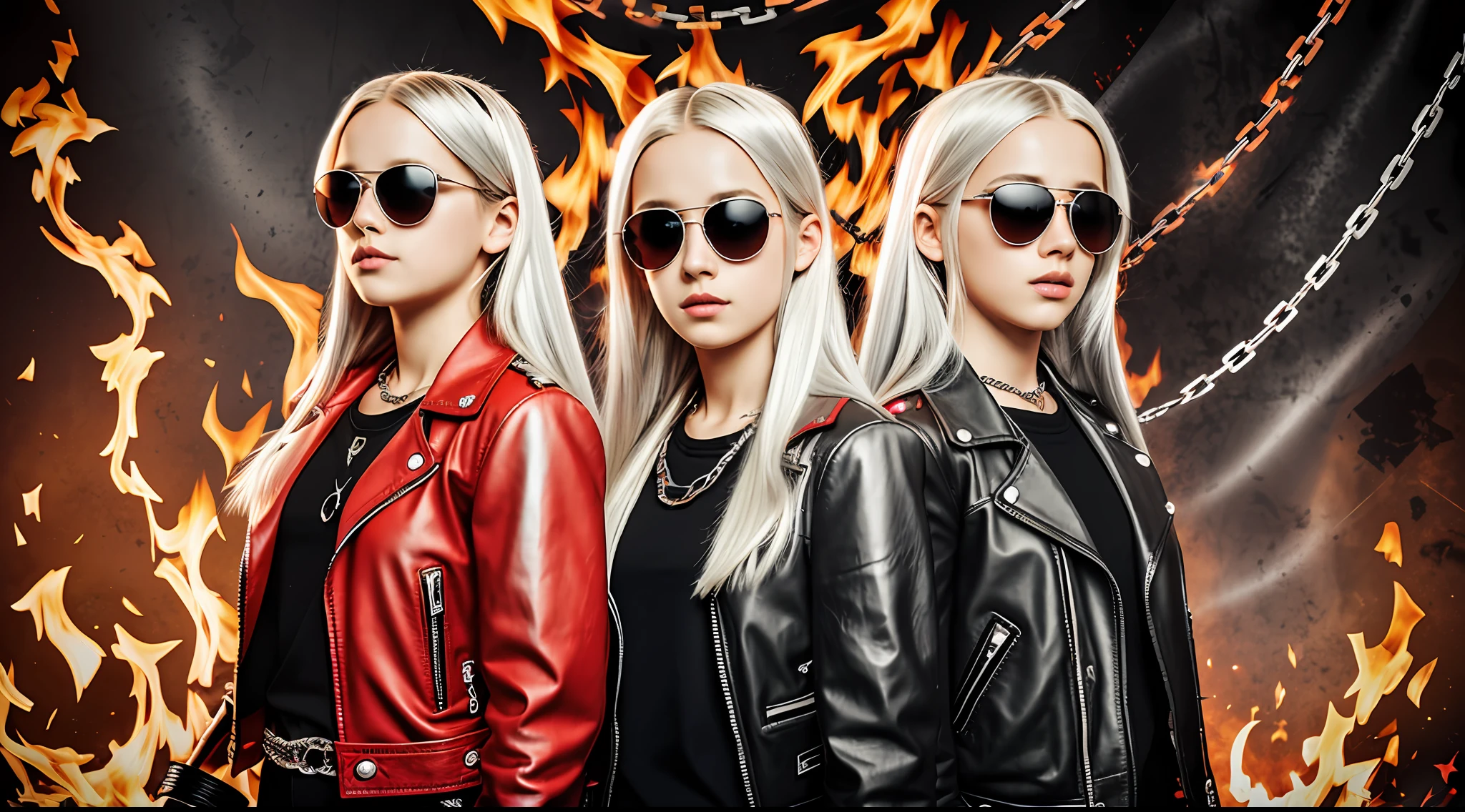 A half body, portrait of 3 girls German children long platinum blonde hair of 12 years, red leather jackets, sunglasses, background chains, chain, more chains, many chains, , red, red fire, many background flames. BACKGROUND WITH SILVER CROSS.