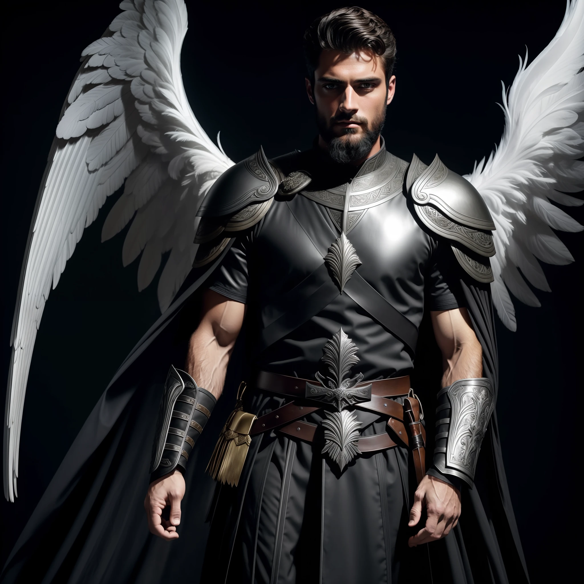 Man with large wings of white feathers on the back, Wearing Tunic and armor, angel of the Mysteries, dark gray background, Magician, large wings, Sean O'Pry, wearing black beard, focus on the details of the face, serious and attractive man, wearing white tunic, magical and real effect, movie cover, powerful celestial warrior, similar to model Sean O'Pry, dark black image background, (8k, RAW photo, best quality, masterpiece: 1.2), (realistic, realistic photo: 1.37), professional lighting.