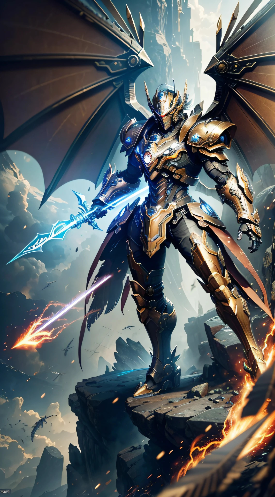 Steampunk style, cold tone, cinematic effect, futuristic sci-fi mecha God of War, dragon pattern on mecha, metallic wings on the back, feathers, clearly layered wings, holding a tomahawk, battle posture, battle posture display, tomahawk particle light, tomahawk particle special effects, aesthetic, scattered, super details, face delicate details, clear silhouette, face close-up, perfect details, 8K, top painting, feature article, studio environment, concept art, epic composition, full body shot, with HD details, Metallic texture and tension composition, hyper-realistic, ultra-realistic, rich in detail, 3D. C4D,