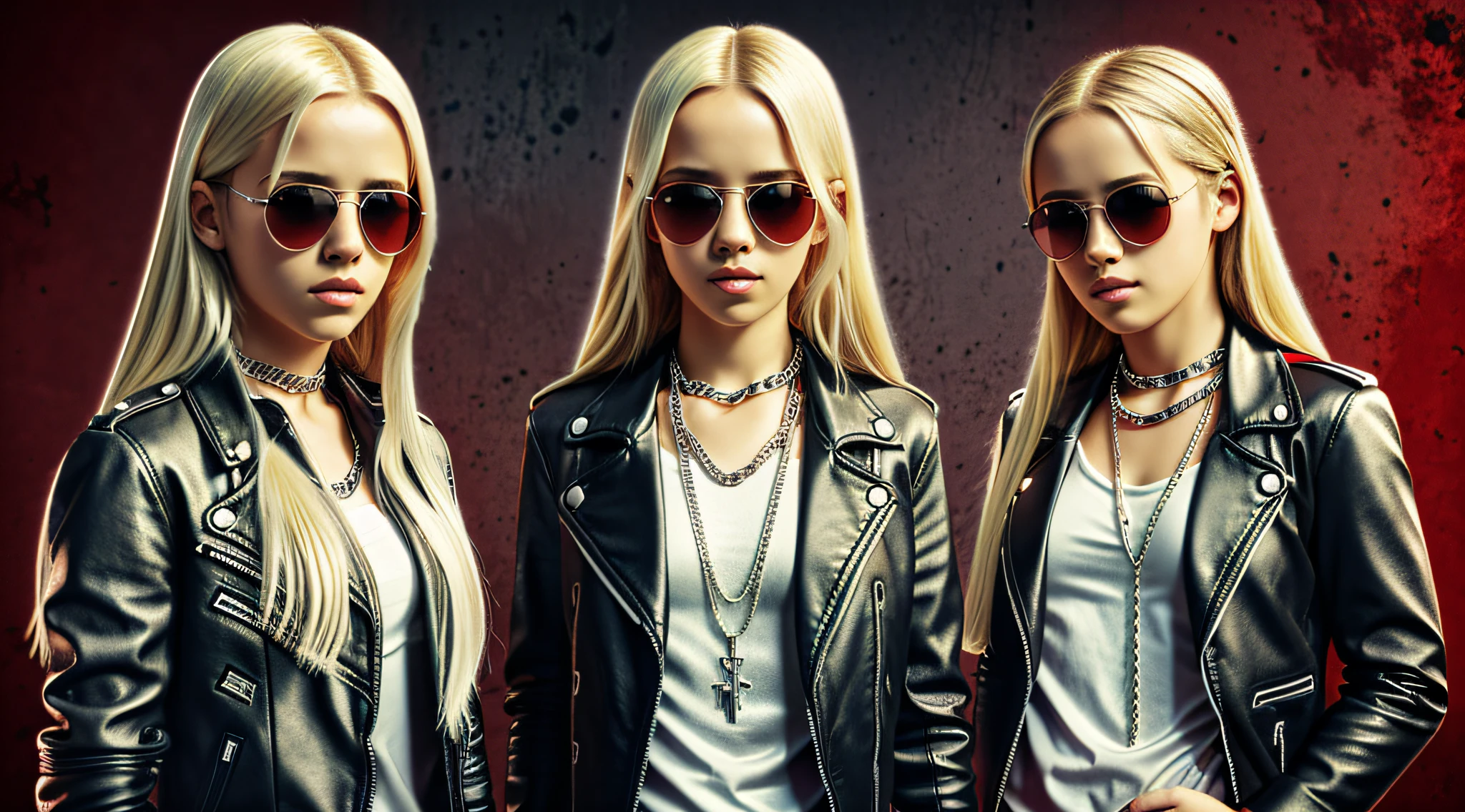 A half body, portrait of 3 girls German children long platinum blonde hair of 12 years, red leather jackets, sunglasses, background of chains, chain, more chains, many chains, , red, red fire, many flames, BACKGROUND WITH SILVER CROSS.