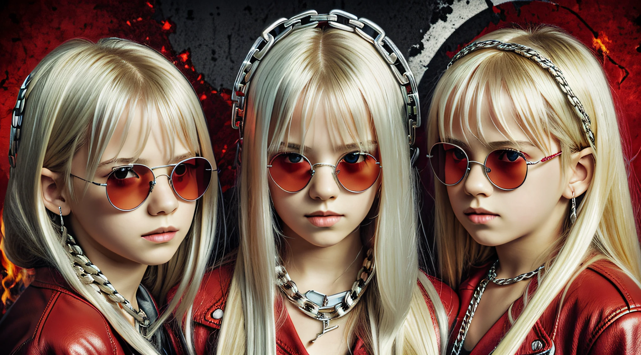 A half body, portrait of 3 girls German children long platinum blonde hair of 12 years, red leather jackets, sunglasses, background of chains, chain, more chains, many chains, , red, red fire, many flames, BACKGROUND WITH SILVER CROSS.