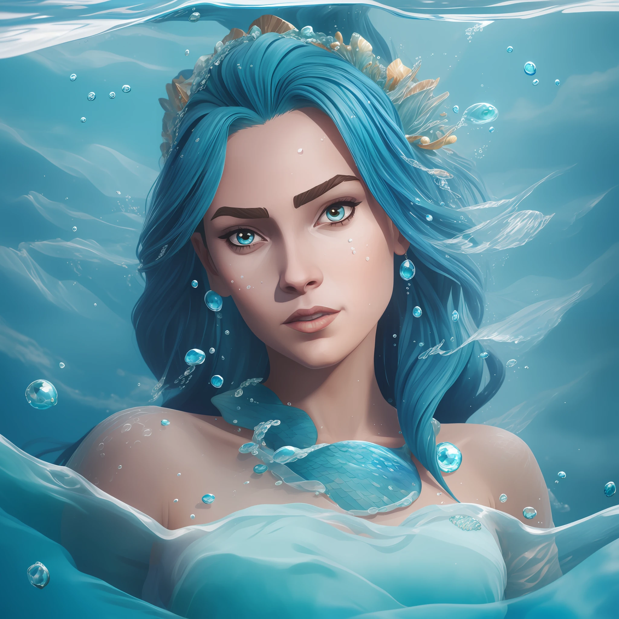 A closeup of a woman swimming in the ocean with blue hair and a blue dress, Queen of the Sea, Goddess of the Ocean, Portrait of the Mermaid, Artgerm and Atey Ghailan, Elemental Feminine Water, Portrait of the Mermaid Queen, illustration, dress made of water that merges with the sea, realistic hier beauty, brown eyes, water bubbles around, beautiful fish around hyper realistic