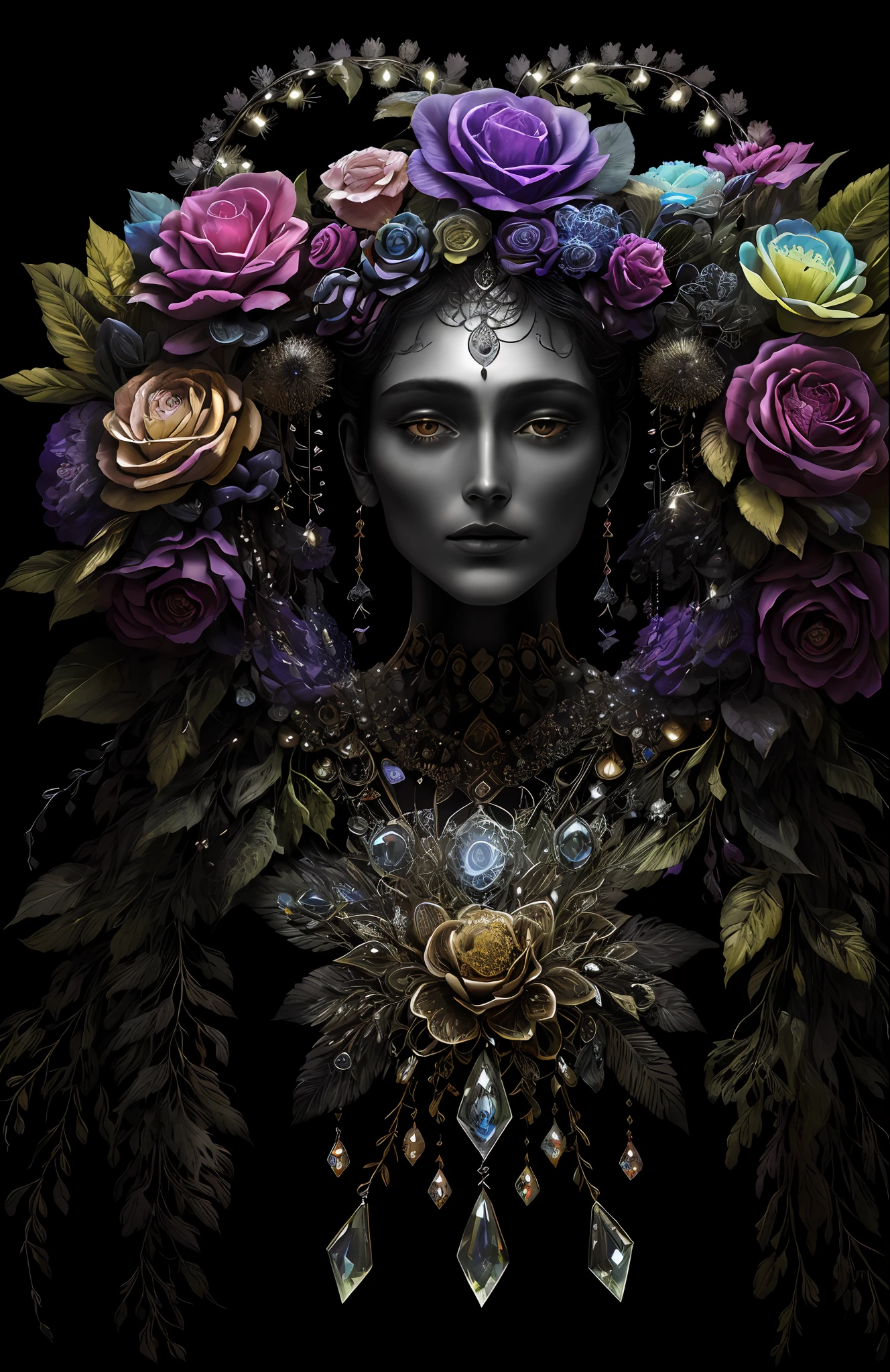 "Rosen maiden, (masterpiece, best quality), (illustration), strange fungal disease dense forest, transparent sticky substance, caustics, crystals, close-up, intricate details, dark background, sparkling spores, rainbow crystals, darkness", made of metal, cyborg: 1.1, [detailed wire]: 1.3, (complex details), HDR, (complex details, hyperdetailed: 1.2),