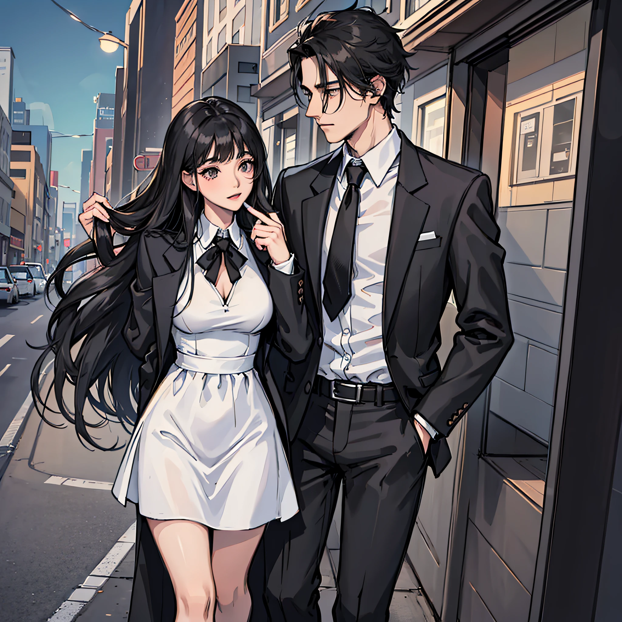A man in a black suit (side hair type, high cold) and a woman in a white dress (long black hair, pretty,) are getting into the car