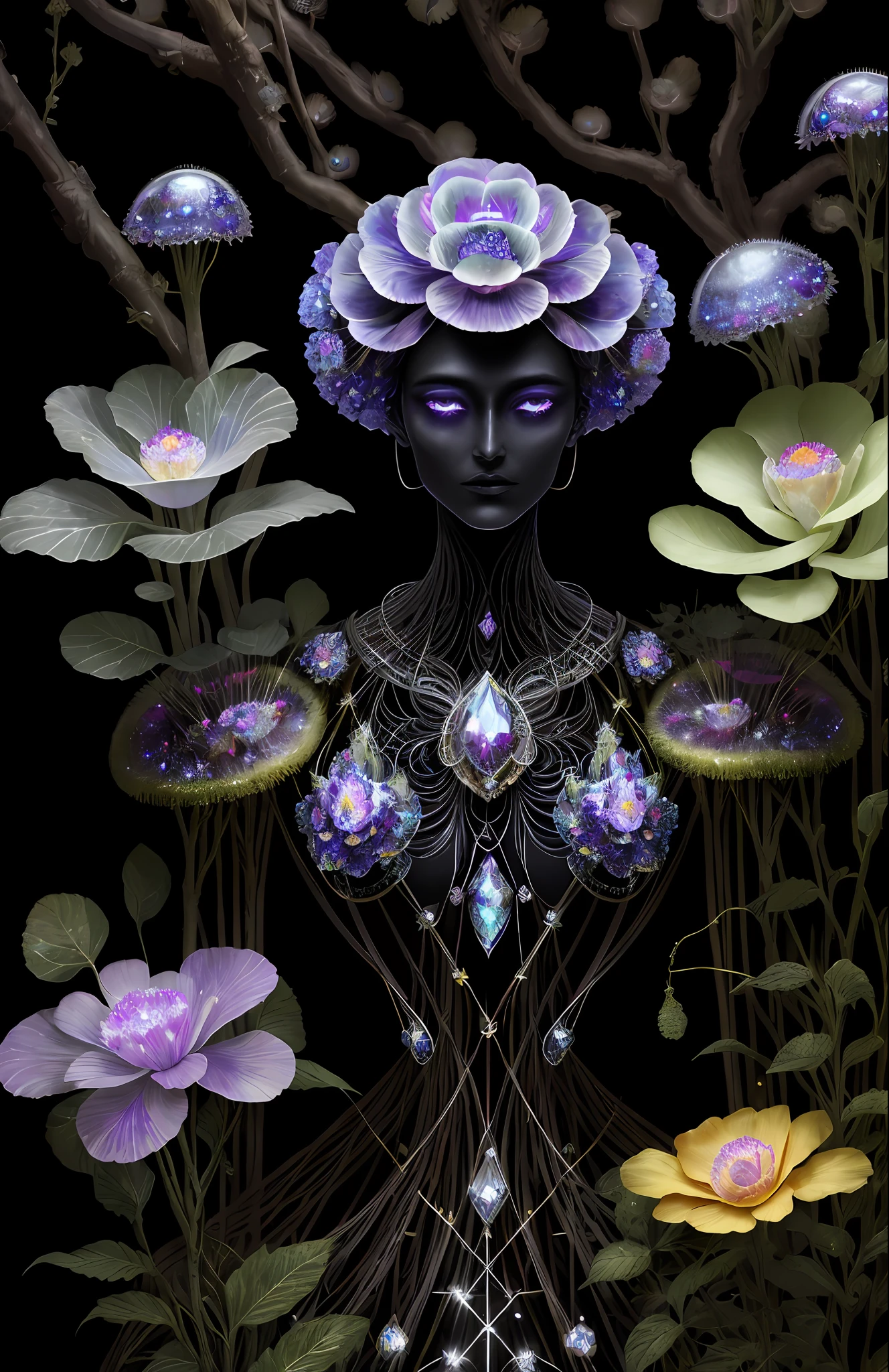 "Rosen maiden, (masterpiece, best quality), (illustration), strange fungal disease dense forest, transparent sticky substance, caustics, crystals, close-up, intricate details, dark background, sparkling spores, rainbow crystals, darkness", made of metal, cyborg: 1.1, [detailed wire]: 1.3, (complex details), HDR, (complex details, hyperdetailed: 1.2),