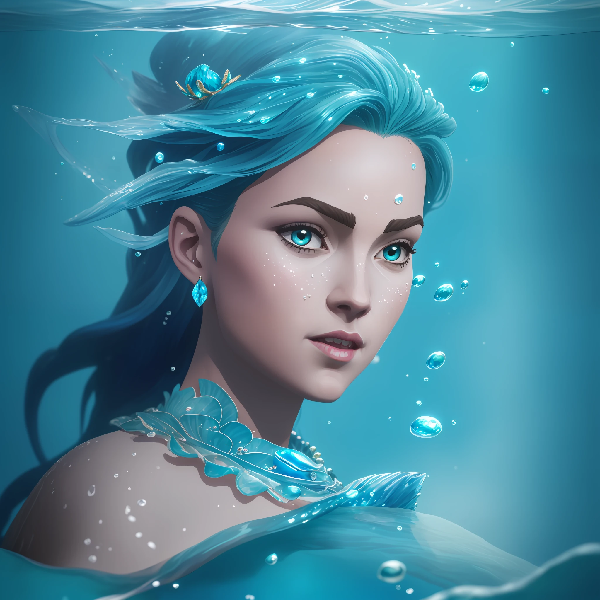 A closeup of a wild woman swimming in the ocean with blue hair and a blue dress, Queen of the Sea, Goddess of the Ocean, Portrait of the Mermaid, Artgerm and Atey Ghailan, Elemental Female Water, Portrait of the Mermaid Queen, illustration, dress made of water that merges with the sea, realistic hier beauty, brown eyes, water bubbles around, Gorgeous fish around hyper realistic, gel lighting of blue color, geometric shadows, bright lights, symmetry, depth of field, intricate, elegant, highly detailed