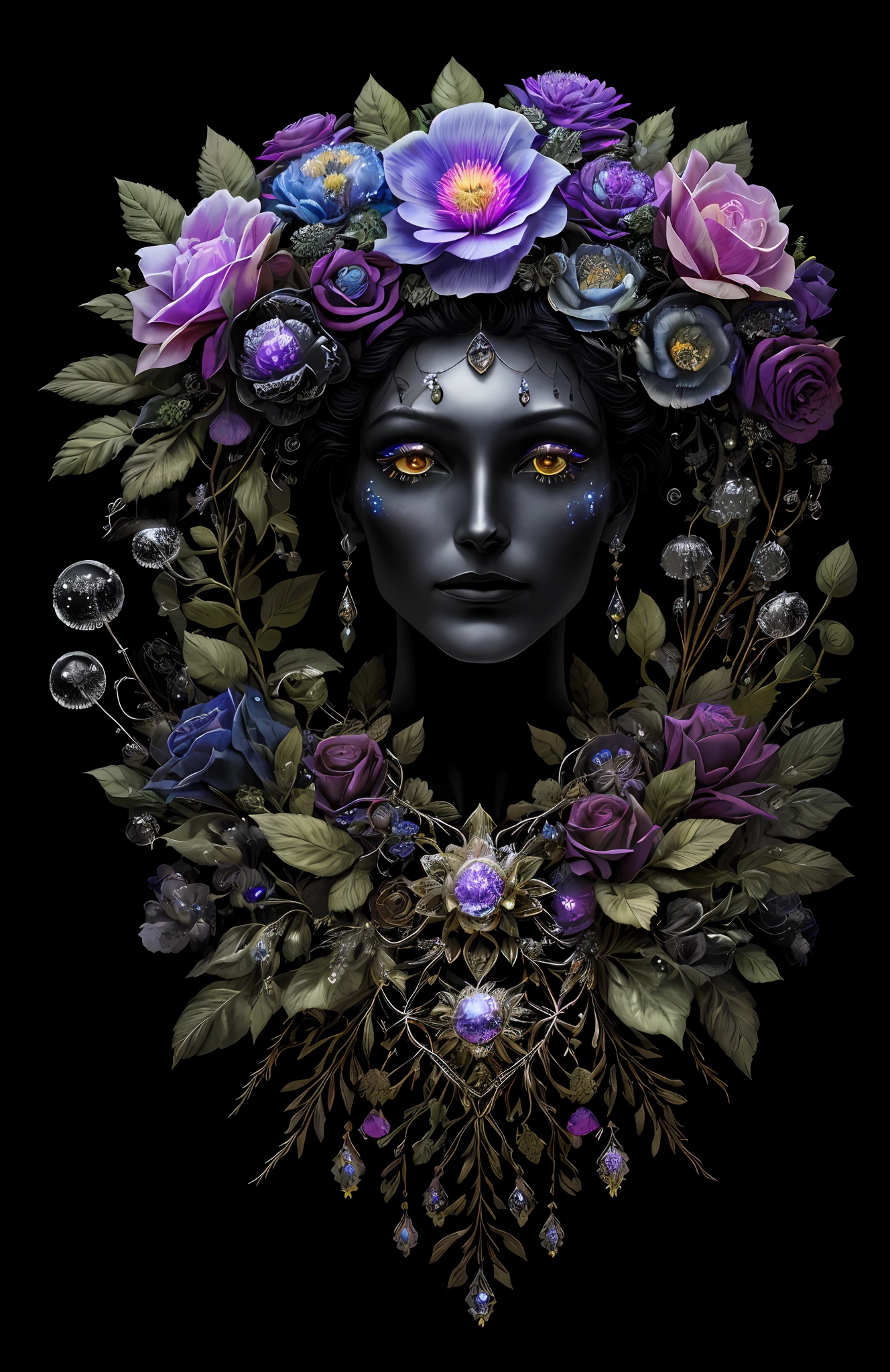 "Rosen maiden, (masterpiece, best quality), (illustration), strange fungal disease dense forest, transparent sticky substance, caustics, crystals, close-up, intricate details, dark background, sparkling spores, rainbow crystals, darkness", made of metal, cyborg: 1.1, [detailed wire]: 1.3, (complex details), HDR, (complex details, hyperdetailed: 1.2),