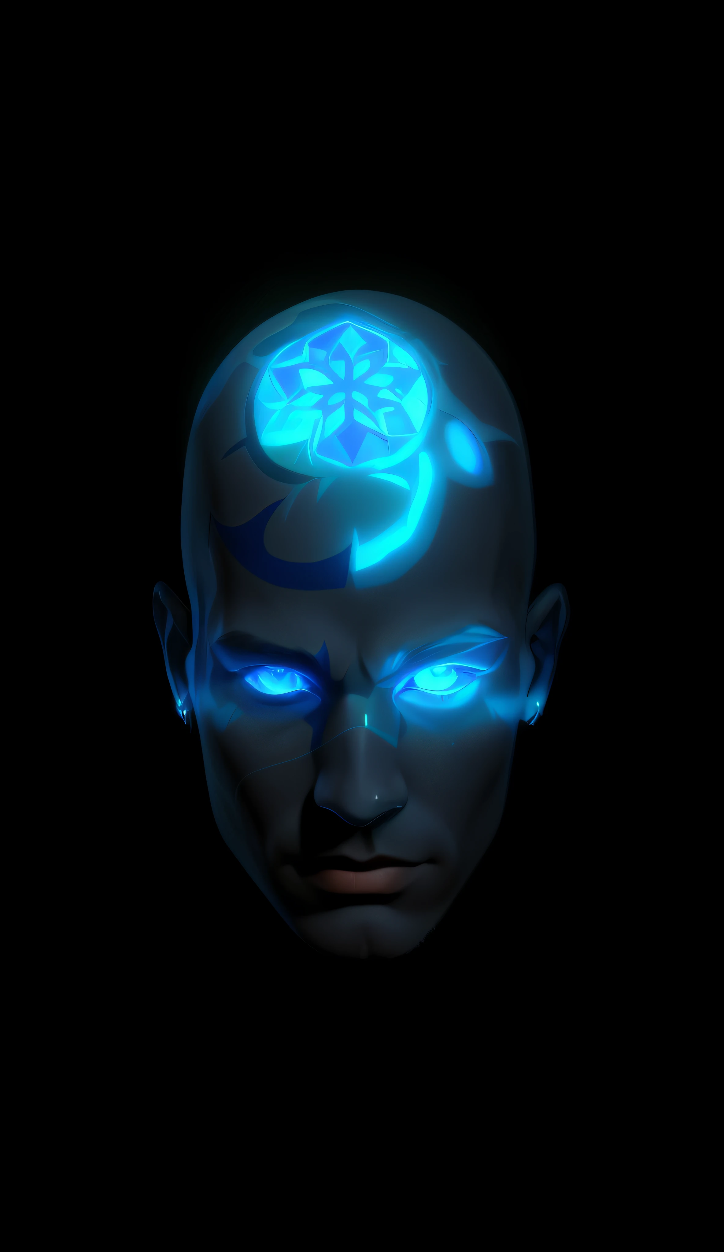 there is a man with a blue face and a tattoo on his head, blue face unreal engine, unreal 5. rpg portrait, video game avatar, symmetry!! portrait of cyborg, 3 d render character art 8 k, with rune tattoos on the face, symmetrical portrait rpg avatar, aetherpunk airbrush digital art, 3 d demo reel avatar, fantasy male portrait --auto --s2