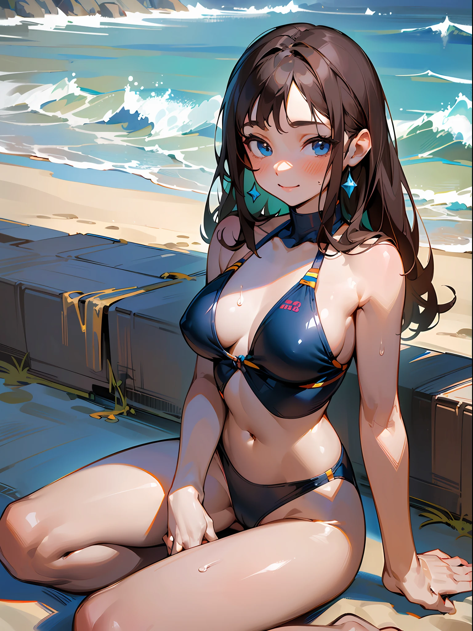 (((best quality, masterpiece))), dark brown hair, blue eyes, looking forward, smiling, sitting, (((legs spread))), beautiful body, in a swimsuit, (((pants off))), ( ((hands on knees))), barefoot, beautiful girl, beautiful girl, ((())), child, (((gi, Japanese, on the beach, high detail girl, high detail, 2 legs, 2 arms, correct face, 8k quality, high definition, blush, fair skin, (((correct body parts))), (((showing, leaking))), , (((WITHOUT PANTS))), (((LEGS SPREAD))), (((clothes show through)))
