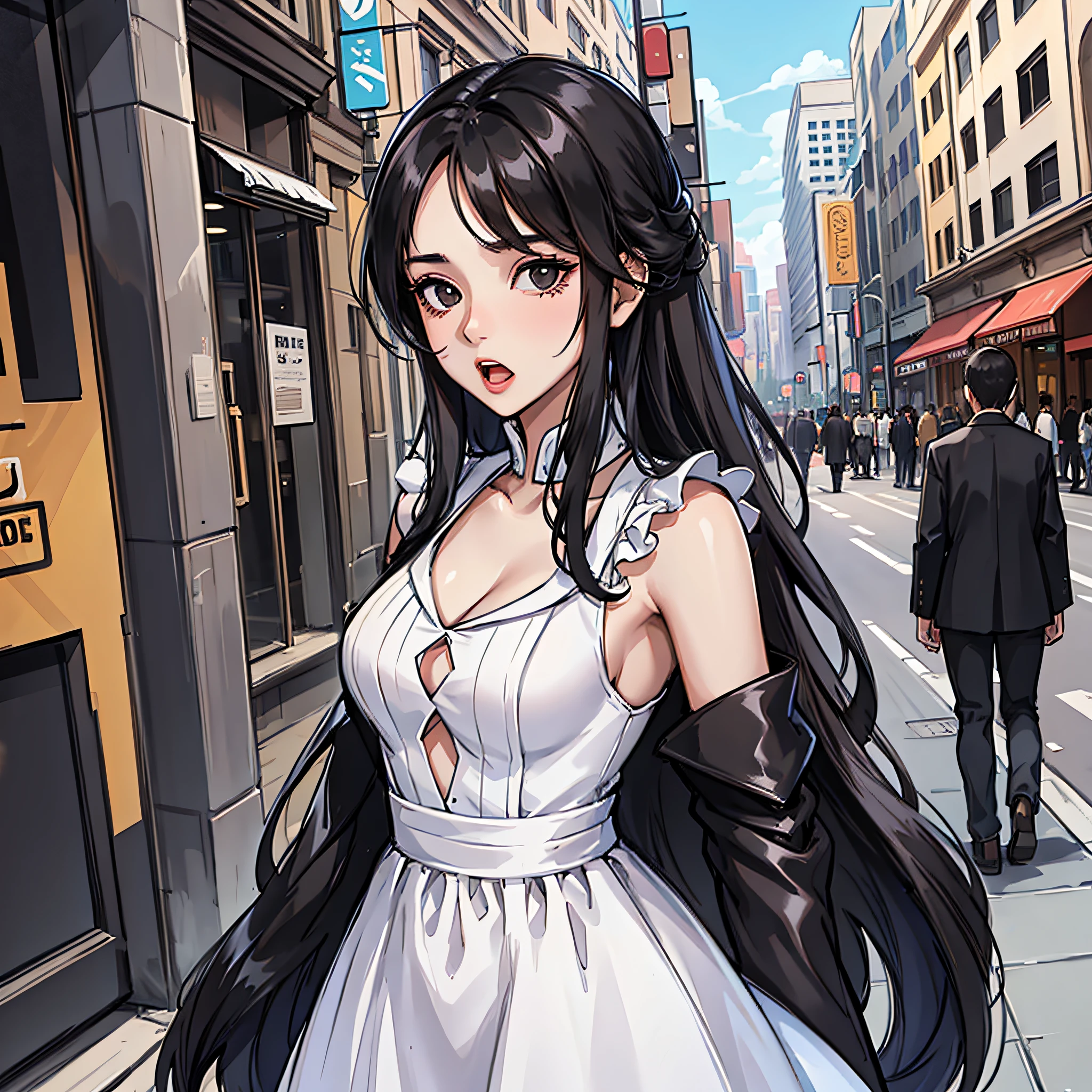 A woman in a white dress (long black hair, pretty,) on the street, stunned, open her mouth
