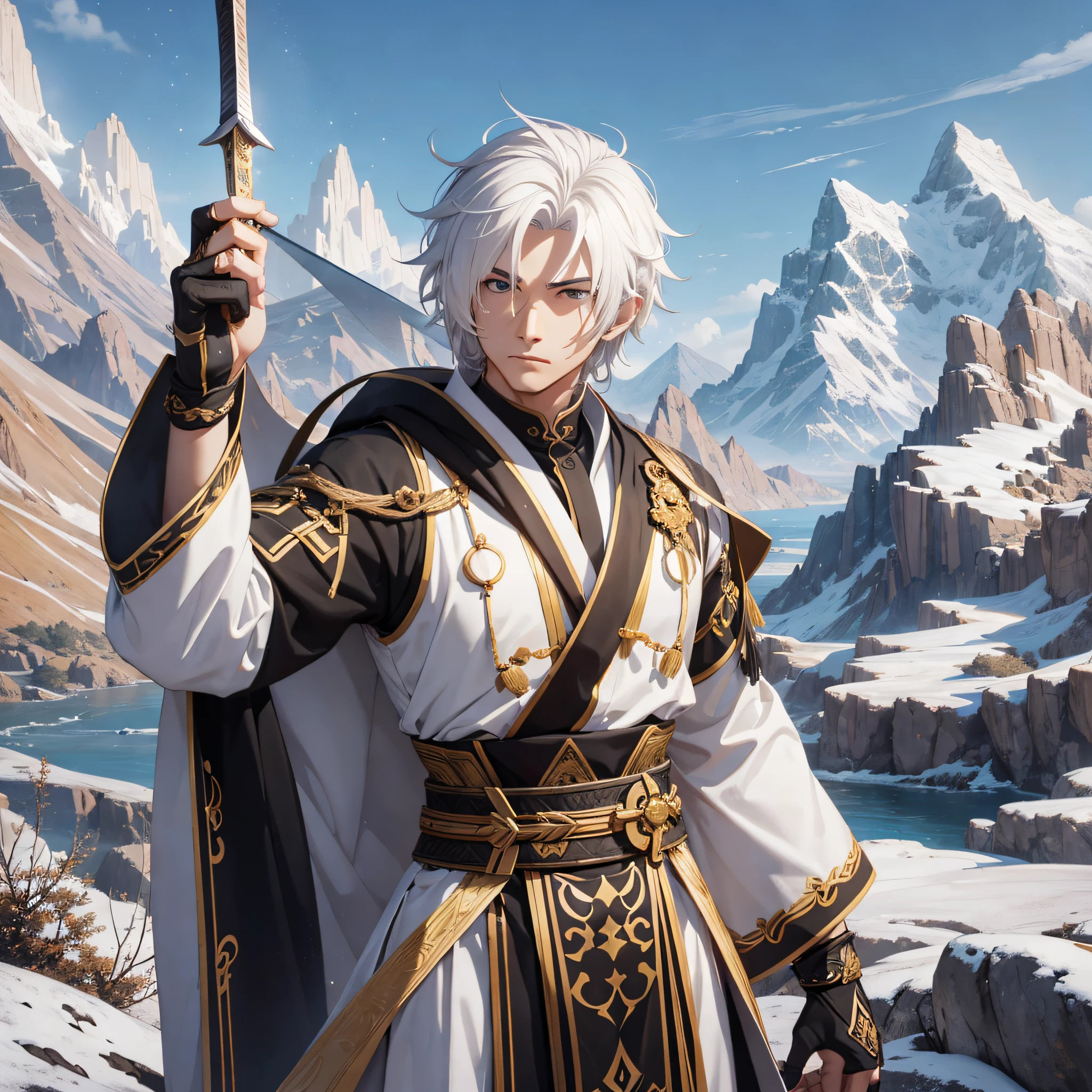3d male character with western face, immortal Taoist, white hair, light brown skin, black and white robes, scenery of mountains with rivers and trees, making mudra of the sword, realistic image, tied hair --auto --s2