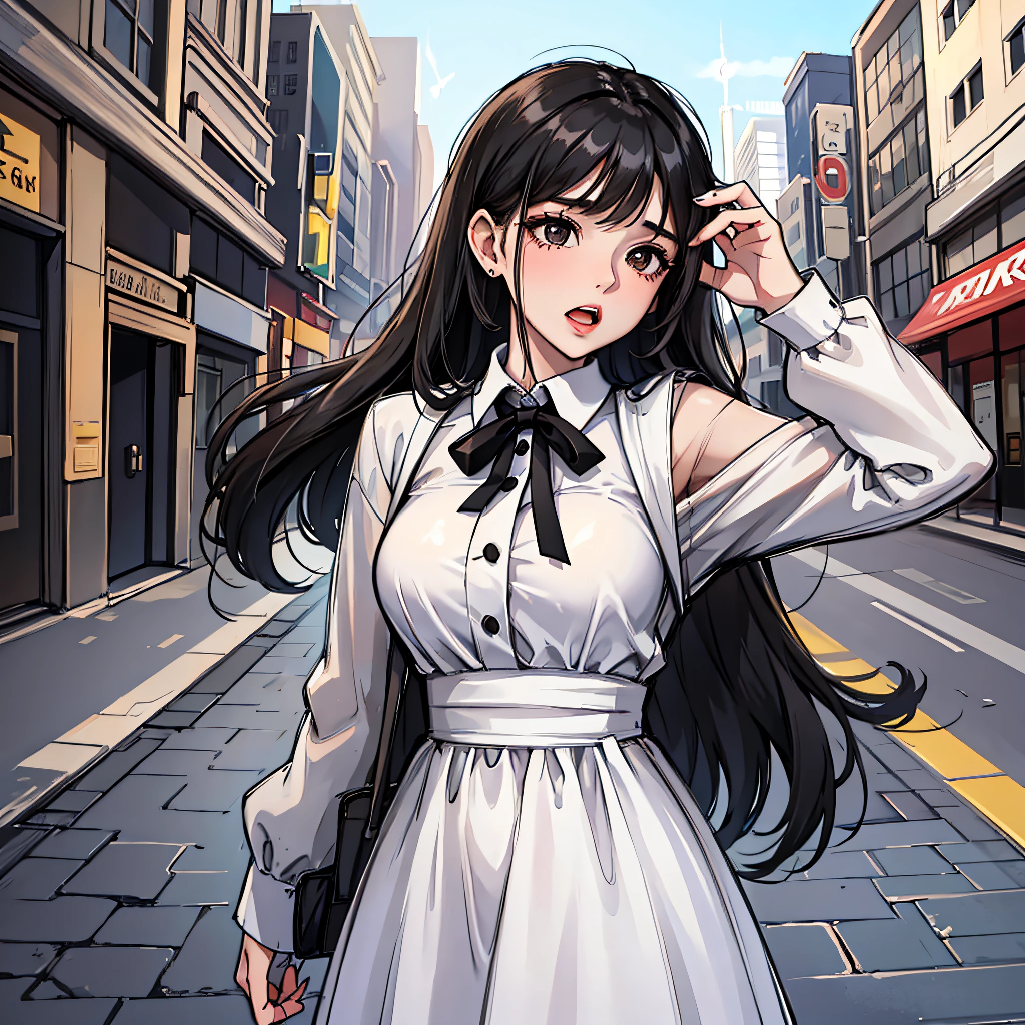 A woman in a white dress (long black hair, pretty,) on the street, stunned, open her mouth