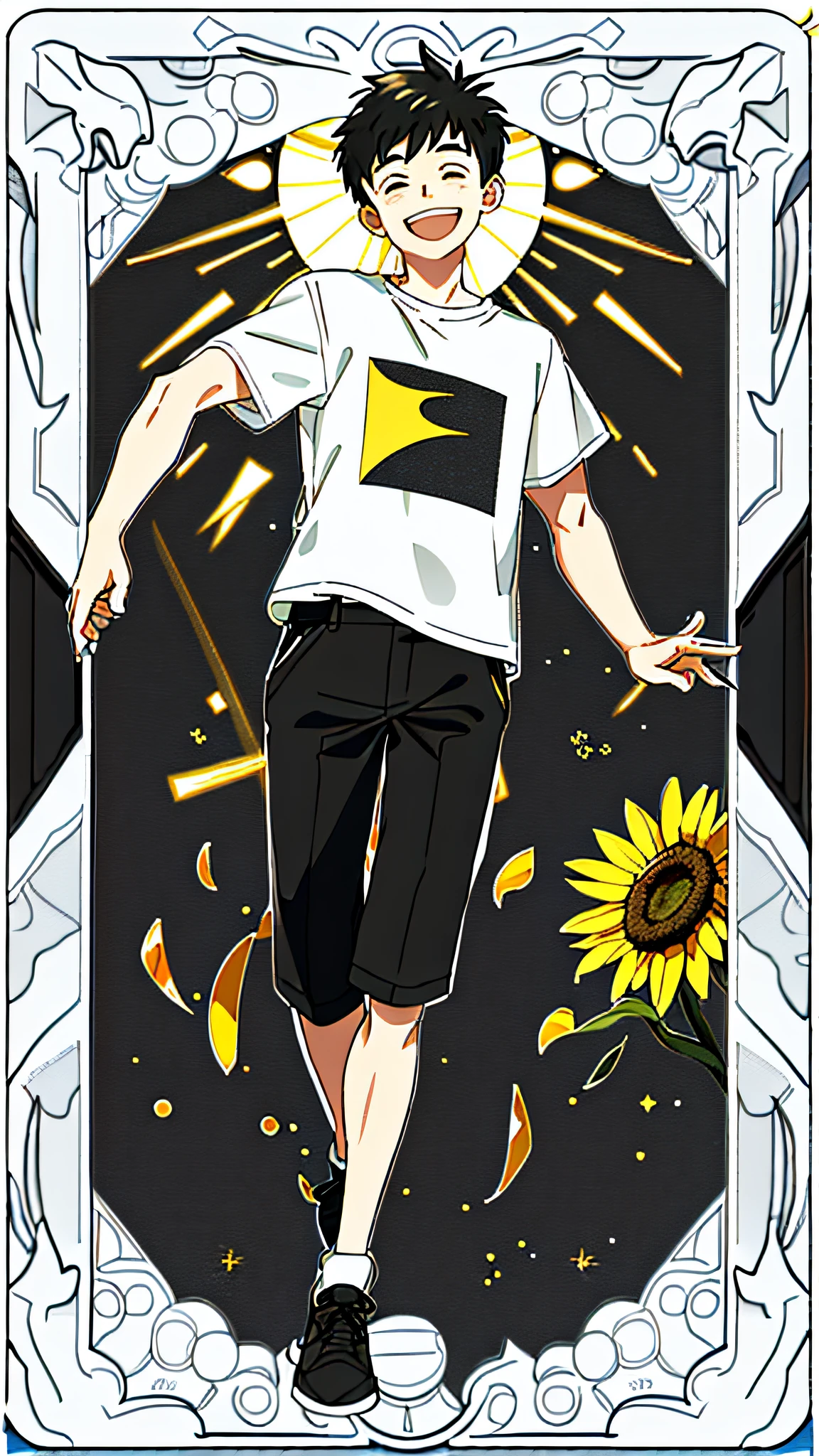 masterpiece, best quality, full body, card, 1 man, the sun, happy, laugh, short hair, black hair, brush cut, white shirt, standing, white, light, music, art, yellow, black, buzz cut, bara, street style, t-shirt, cute, sport