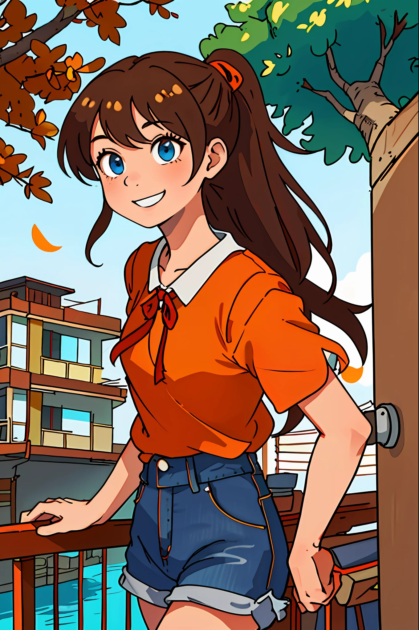 masterpiece, best quality, highres, chi1, 1girl, long hair, ponytail, one side up, solo, brown jean shorts, red ribbon, orange shirt, bangs, neck ribbon, swollen short sleeves, cowboy shot, outdoor, smile, ladder, tree, construction, brown hair, blue eye