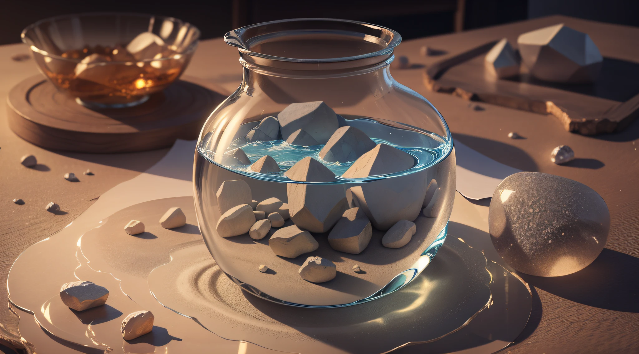 Drawing, ultra realistic, 8k, extremely detailed, in the best quality, a large glass jug, full of small stones and large stones and sand and water inside, on a table, in a classroom.