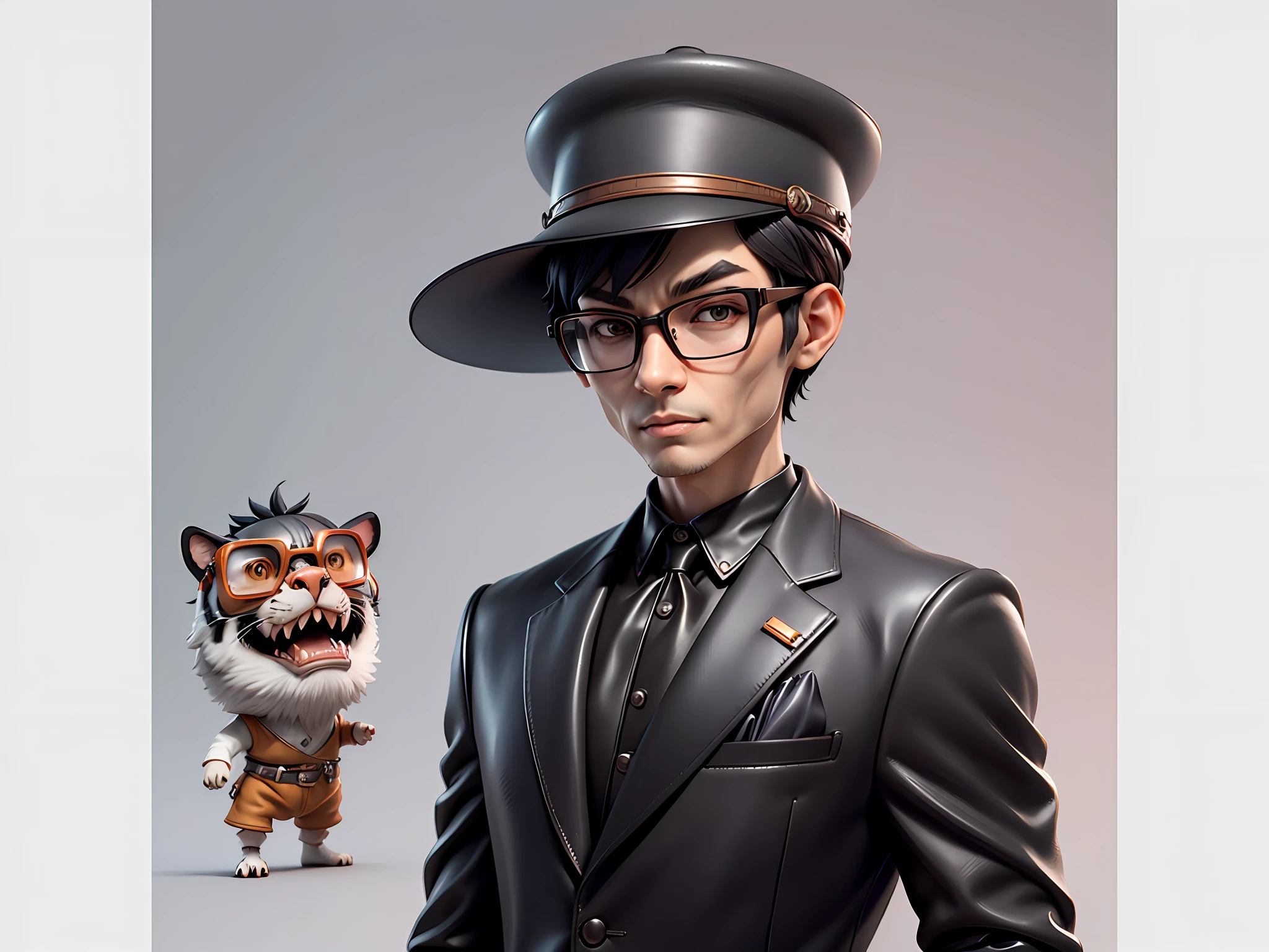 Young man with oriental face in leather hat, tiger, oriental face in formal suit, short black hair, silver glasses, digital painting, 3D character design by Mark Clairedon and Pixar and Hayao Miyazaki and Akira Toriyama, the illustration is a high-definition illustration in 4K resolution with very detailed facial features and cartoon-style visuals.