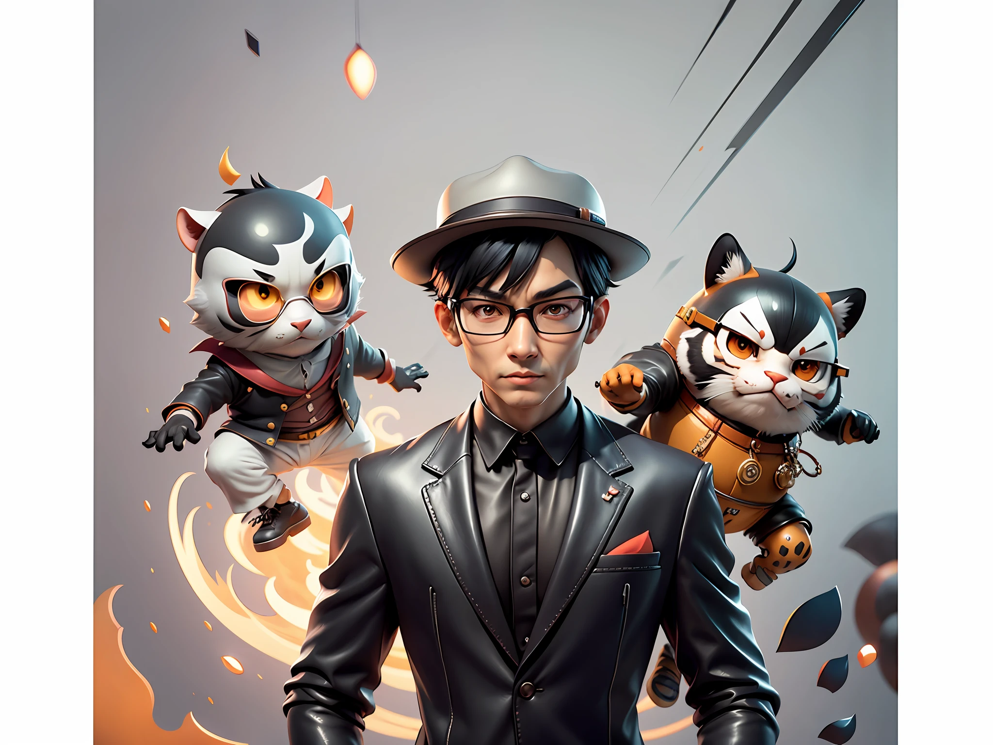 Young man with oriental face in leather hat, tiger, oriental face in formal suit, short black hair, silver glasses, digital painting, 3D character design by Mark Clairedon and Pixar and Hayao Miyazaki and Akira Toriyama, the illustration is a high-definition illustration in 4K resolution with very detailed facial features and cartoon-style visuals.