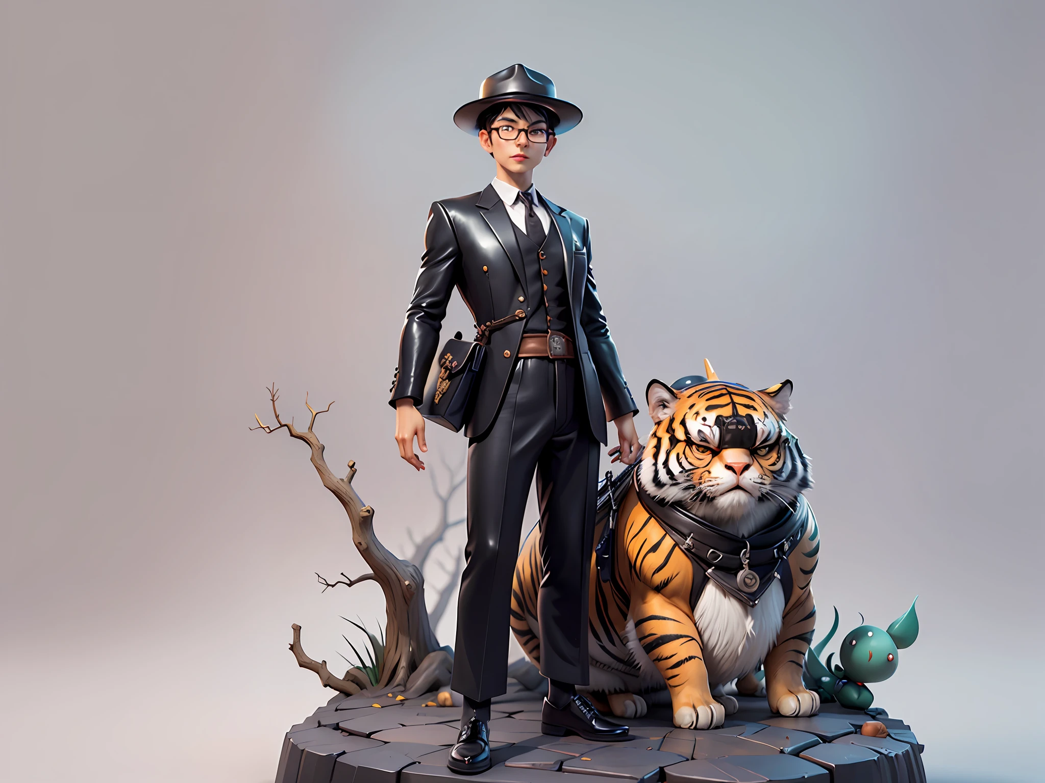 Young man with oriental face in leather hat, tiger, oriental face in formal suit, short black hair, silver glasses, digital painting, 3D character design by Mark Clairedon and Pixar and Hayao Miyazaki and Akira Toriyama, the illustration is a high-definition illustration in 4K resolution with very detailed facial features and cartoon-style visuals.